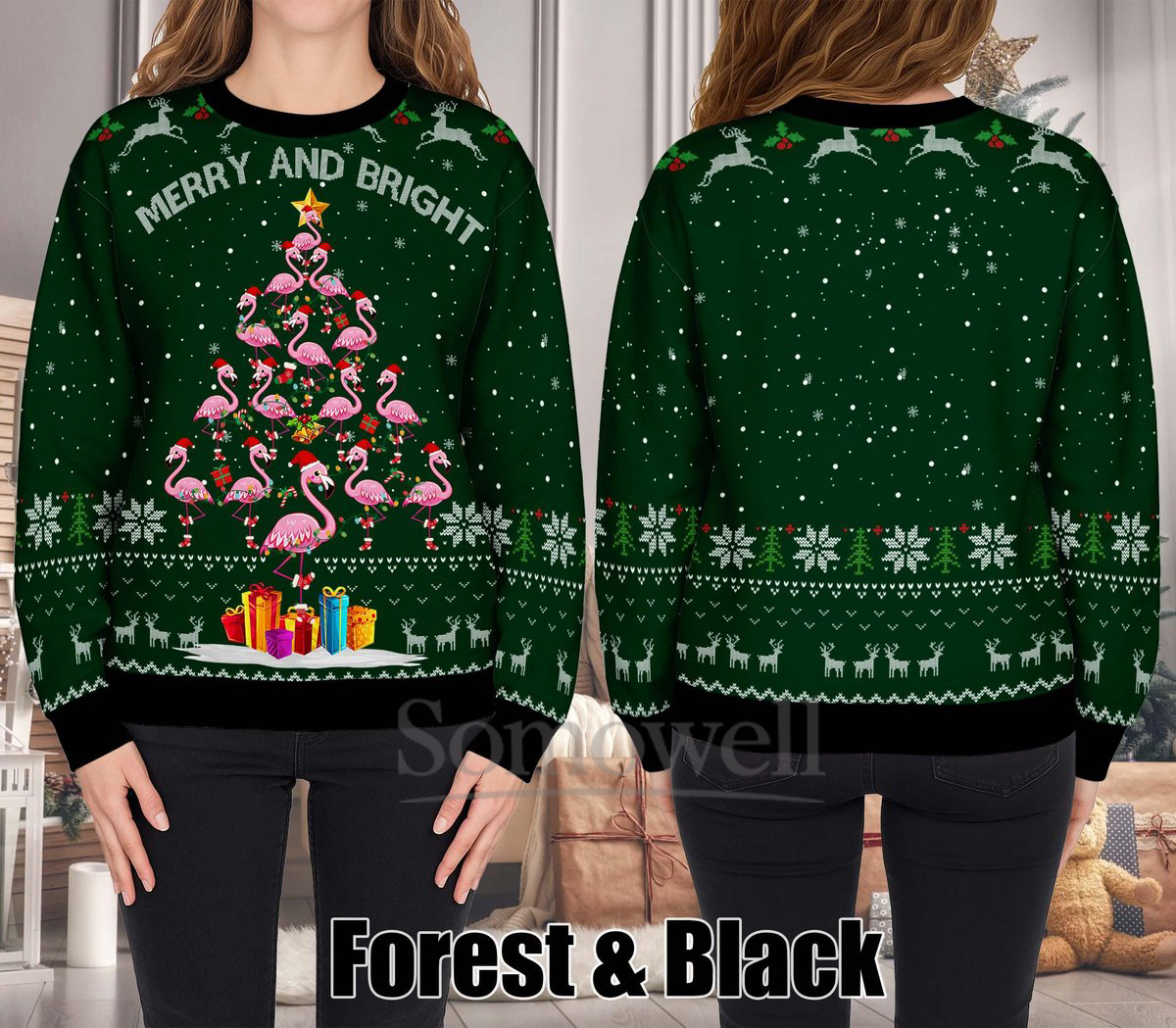 Merry and Bright Flamingo Tree Ugly Christmas Sweater Funny Pink Holiday Knit Jumper