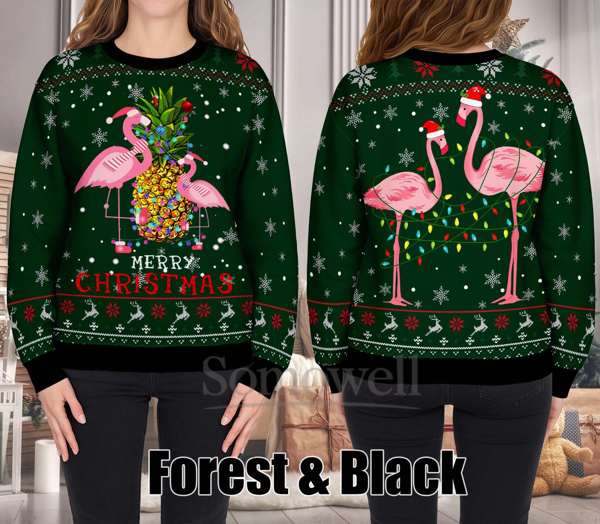 Tropical Flamingo Pineapple Ugly Christmas Sweater Funny Merry Christmas Knit Jumper