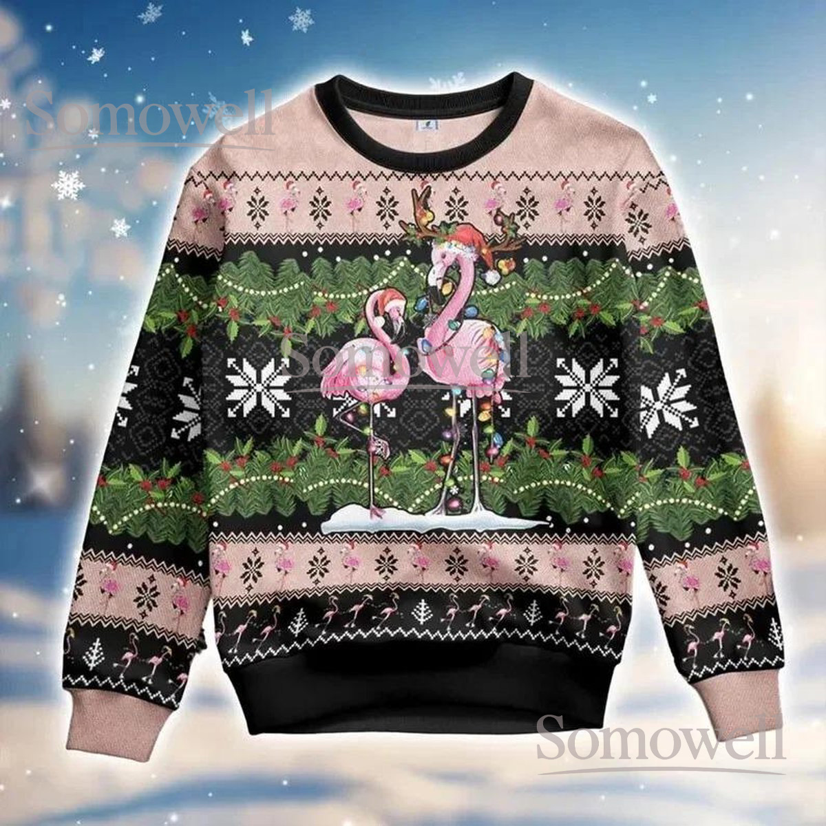 Flamingo Christmas Beige Ugly Sweater Pink Bird Holiday Knit Jumper Cute Tropical Design