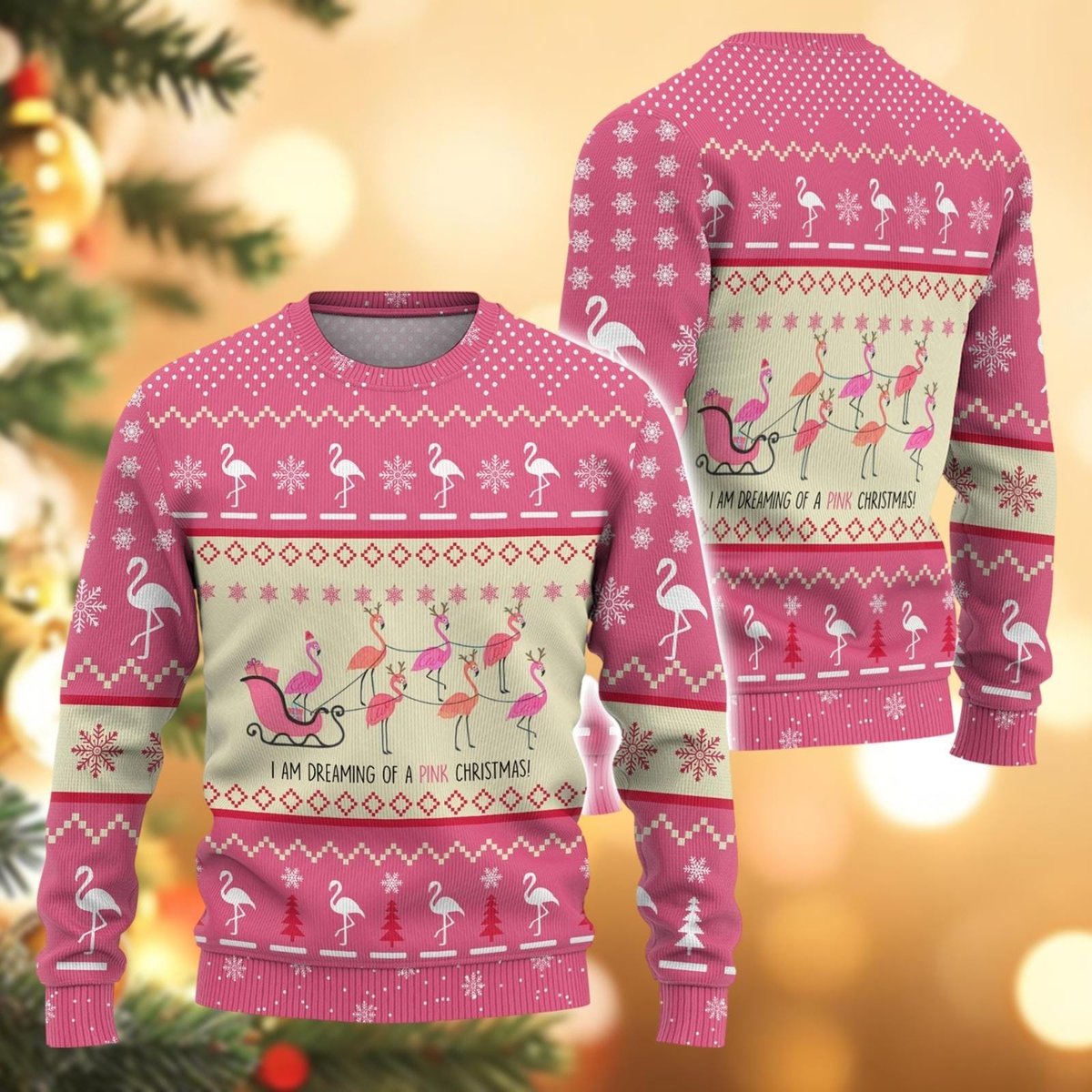 Flamingos Christmas Pink Ugly Sweater Reindeer Sleigh Holiday Pattern Knit Jumper
