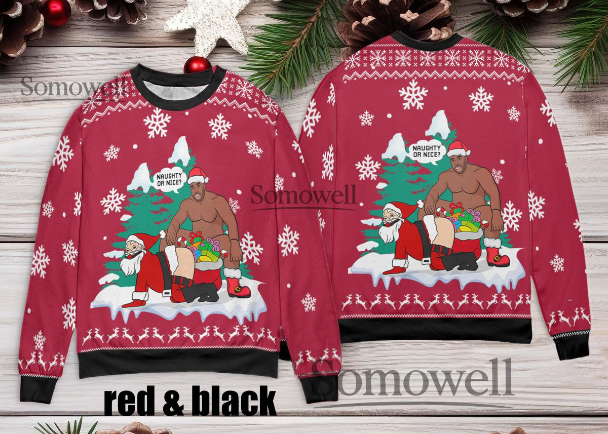 Naughty or Nice Barry Wood Santa Funny Ugly Christmas Sweater Meme Humor Holiday Edition Multi Color Edition