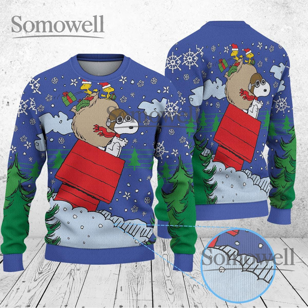 Flying Ace Doghouse Snoopy Blue Winter Ugly Christmas Sweater Holiday Knit Gift