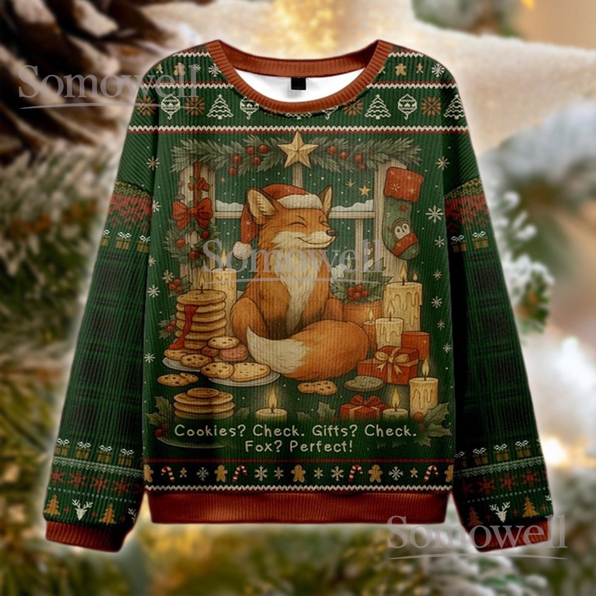 Fox Christmas Green Ugly Sweater Cookies Gifts Holiday Knit Jumper Cute Animal Winter Design