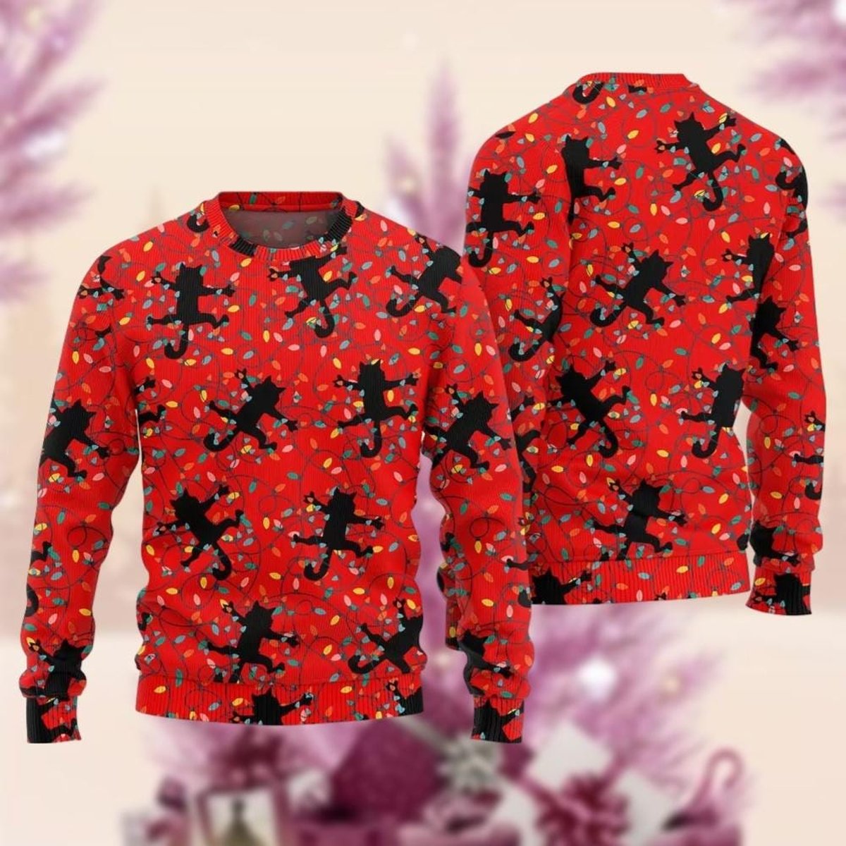 Black Cat Lights Red Christmas Ugly Sweater Funny Cat Lover Holiday Knit Jumper