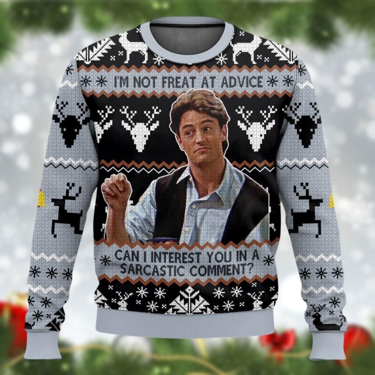 Friends Chandler Bing Sarcastic Comment Funny Ugly Christmas Sweater Holiday Knit Gift