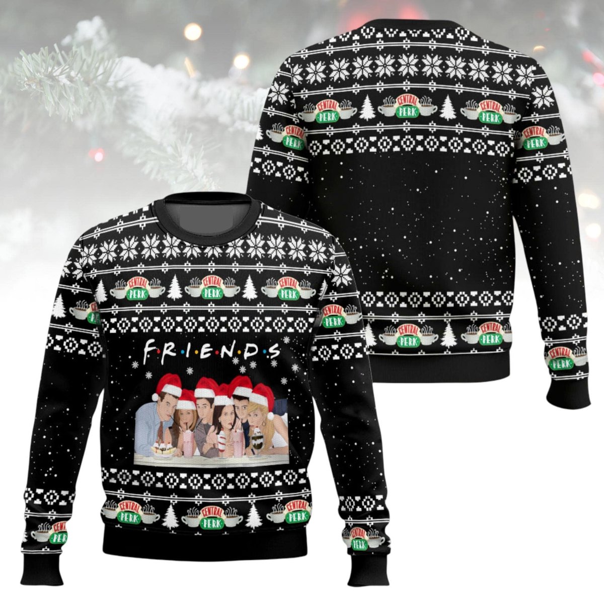Friends TV Show Central Perk Funny Ugly Christmas Sweater Black White Jumper