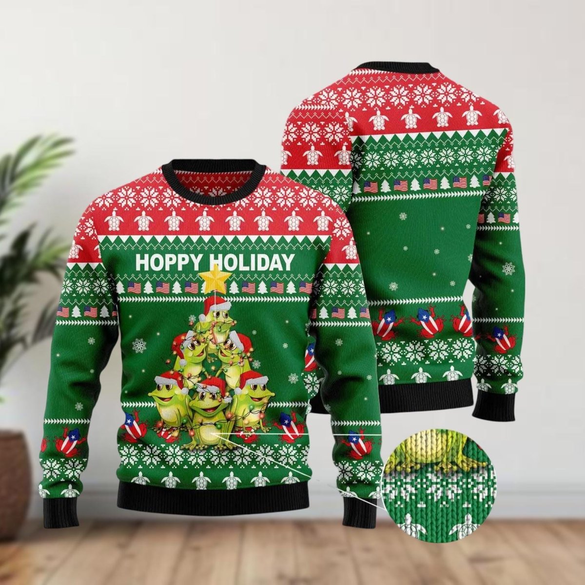 Hoppy Holiday Frog Christmas Tree Ugly Christmas Sweater Funny Green Holiday Jumper