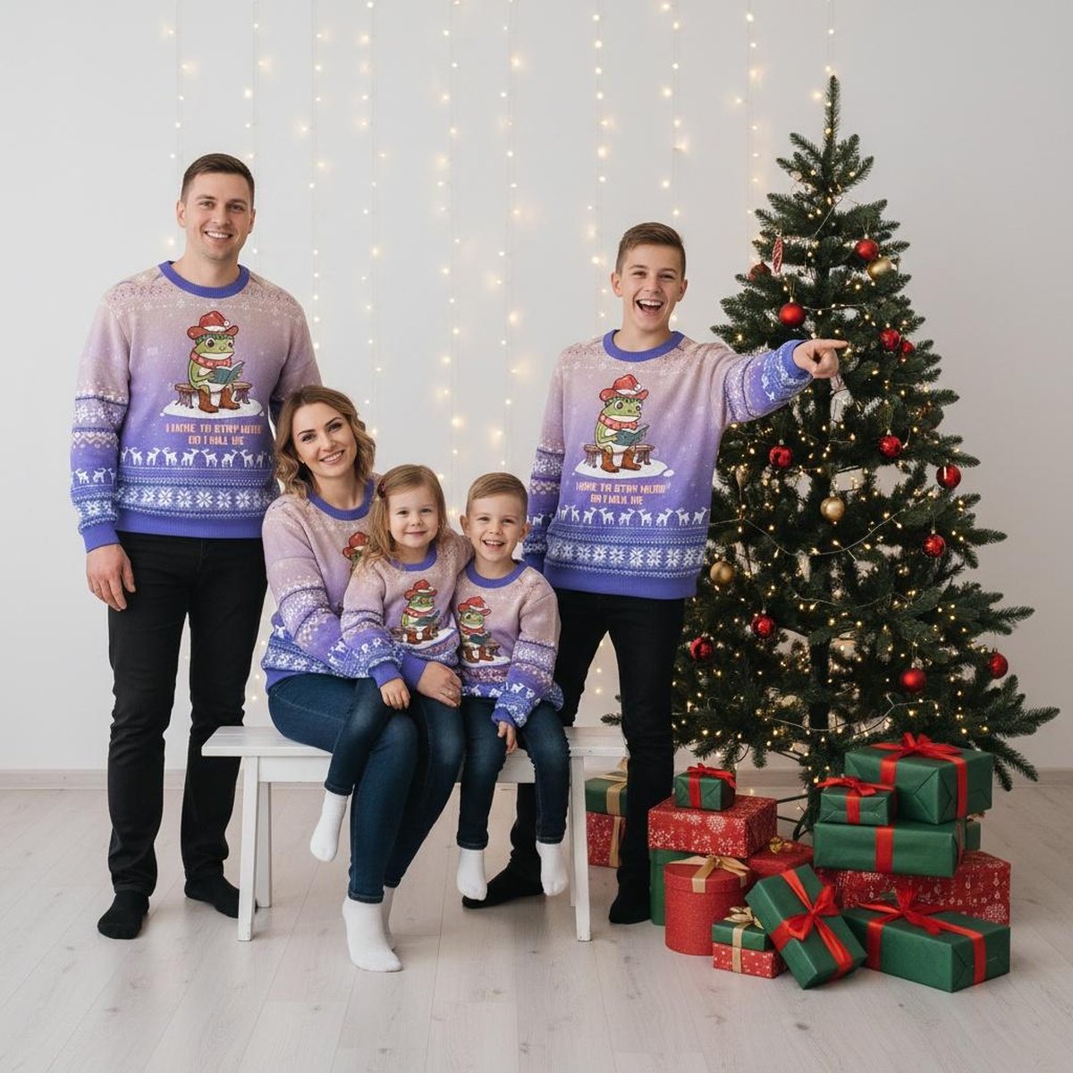 Frog Stay Weird Purple Ugly Christmas Sweater Whimsical Funny Quote Holiday Knit Jumper