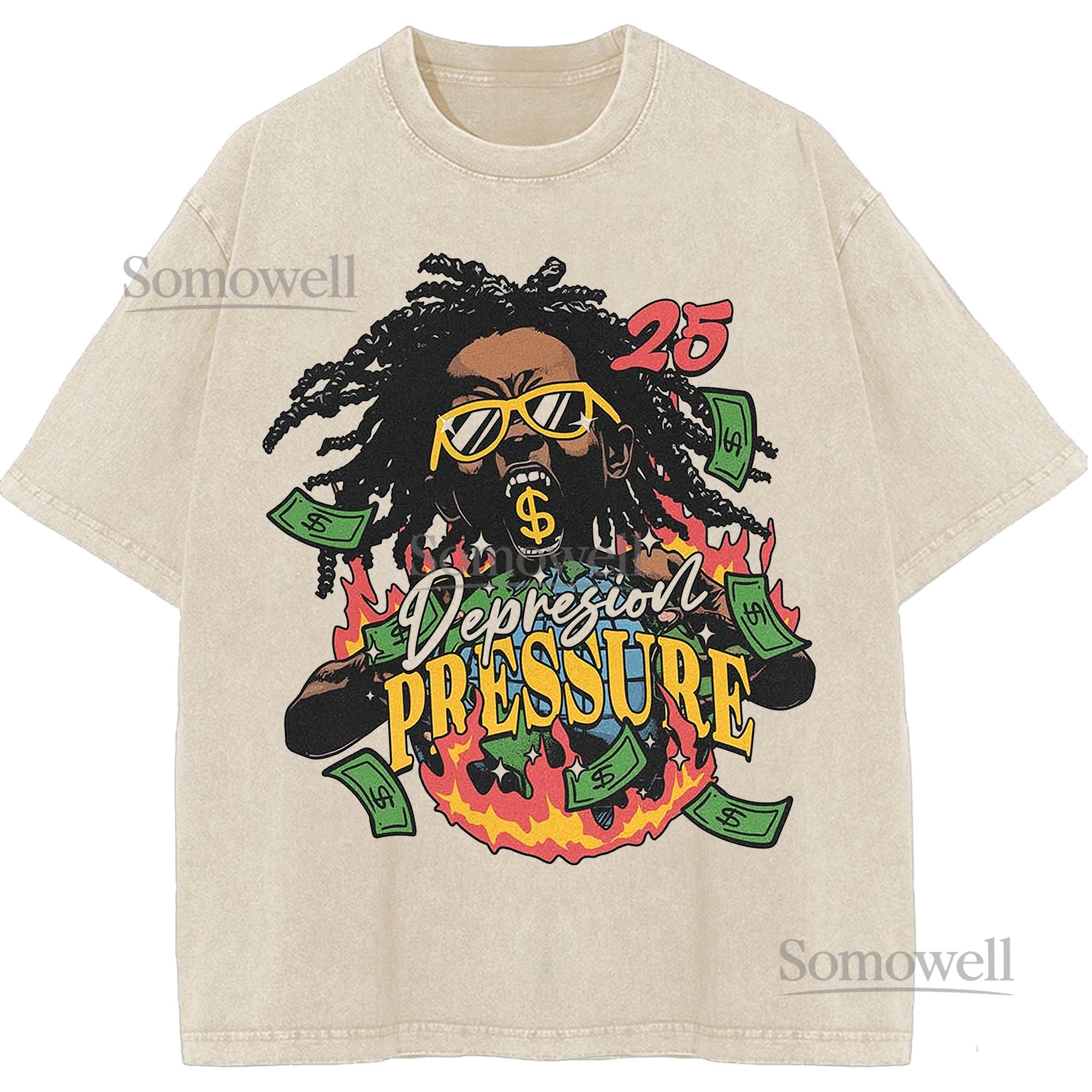 Depression Pressure Fire Flames Money Graphic ,hoodie sweatshirt t shirt vintage Urban Streetwear T Shirt