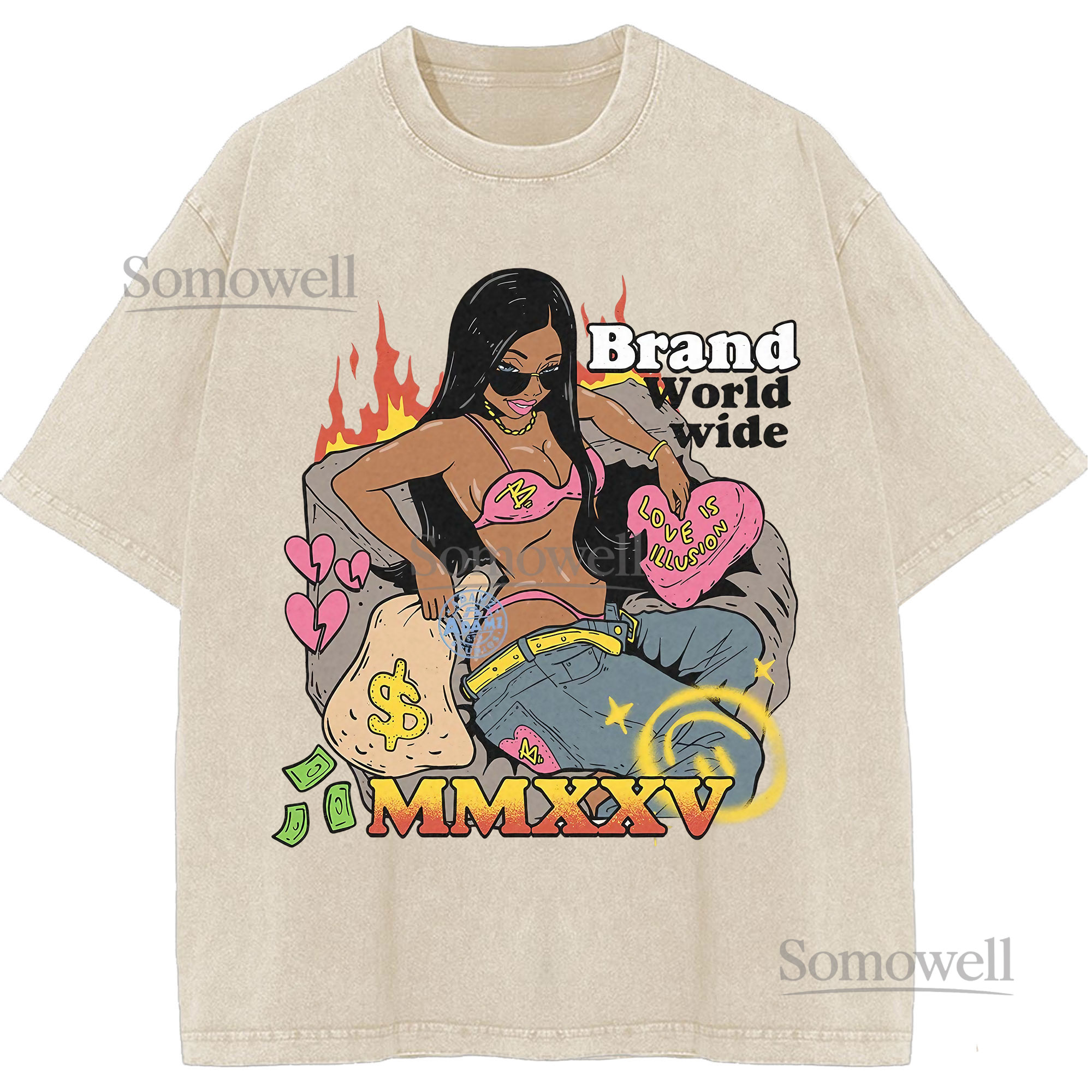 Brand Worldwide Love is Illusion MMXXV Urban Art Cartoon Graphic ,hoodie sweatshirt t shirt vintage