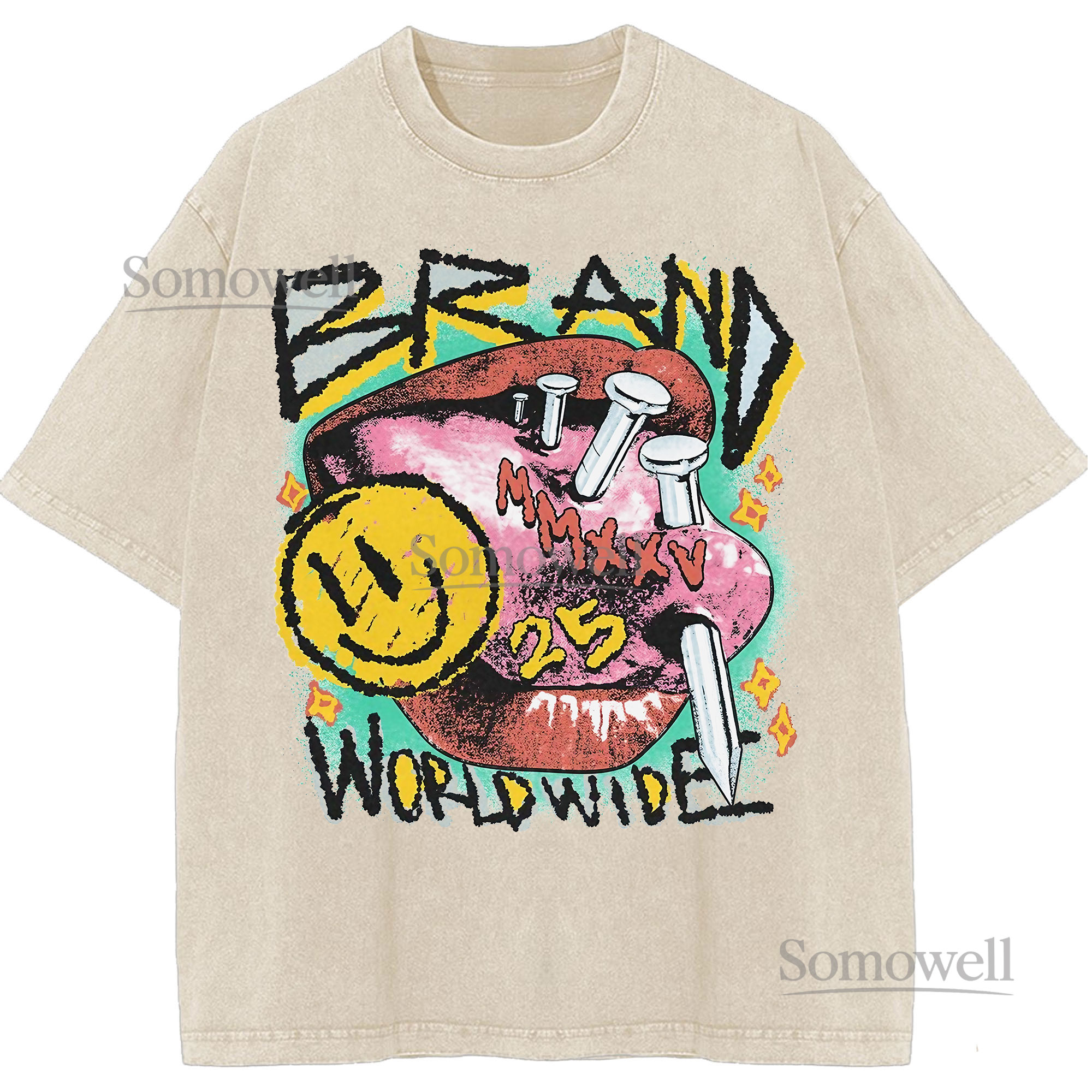 Brand Worldwide MMXXV Smiley Face Punk Art Graphic ,hoodie sweatshirt t shirt vintage Vintage Streetwear T Shirt