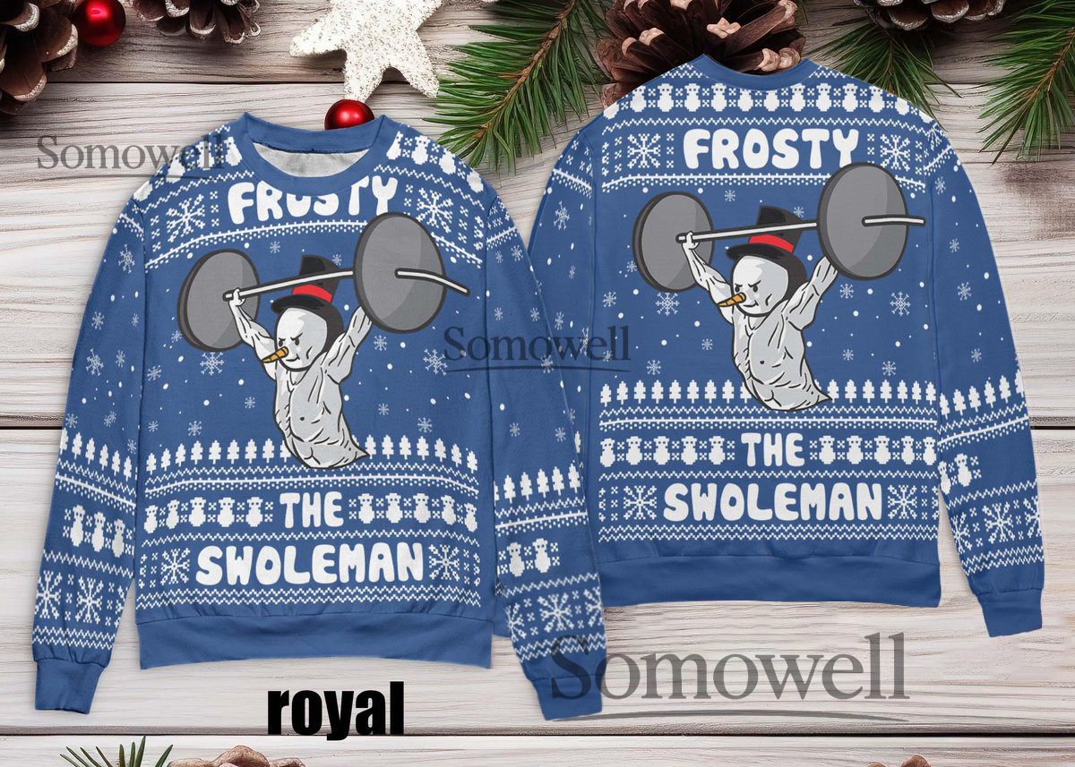 Frosty The Swoleman Snowman Gym Fitness Ugly Christmas Sweater Blue Workout Holiday Edition Multi Color Edition