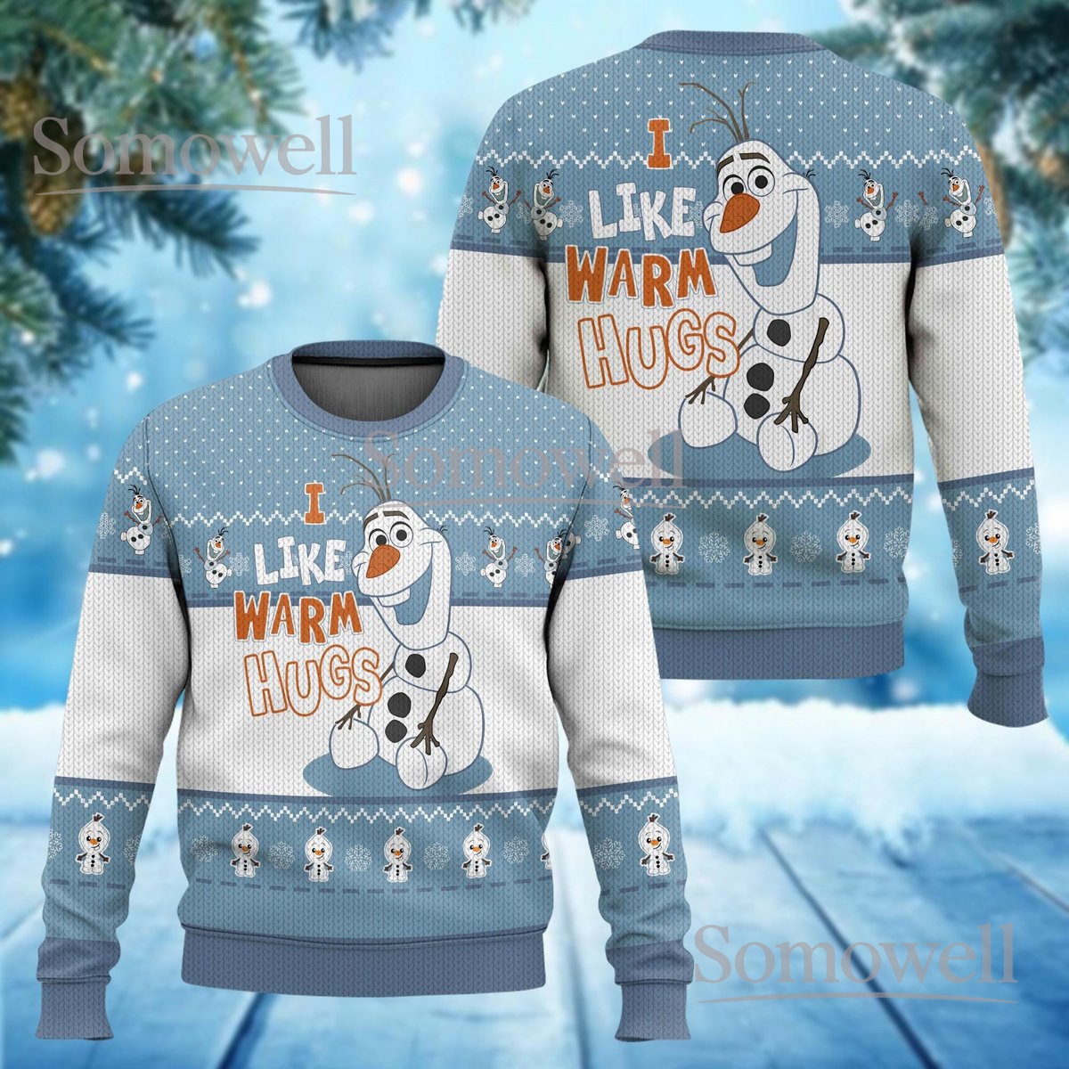 Frozen Olaf Blue Christmas Ugly Sweater I Like Warm Hugs Holiday Knit Jumper Cute Winter Gift