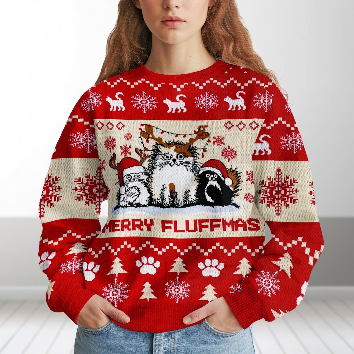 Merry Fluffmas Cats Knit Ugly Sweater Funny Cat Lovers Christmas Holiday Gift