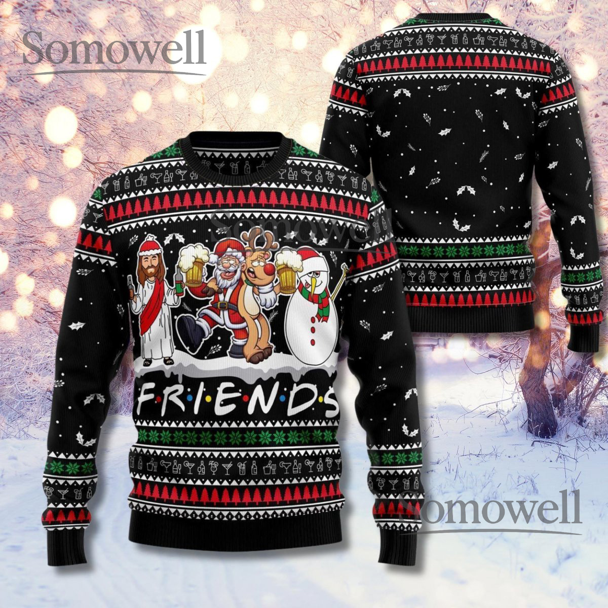 Funny Friends Santa Reindeer Snowman Christmas Sweater Holiday Beer Party Outfit