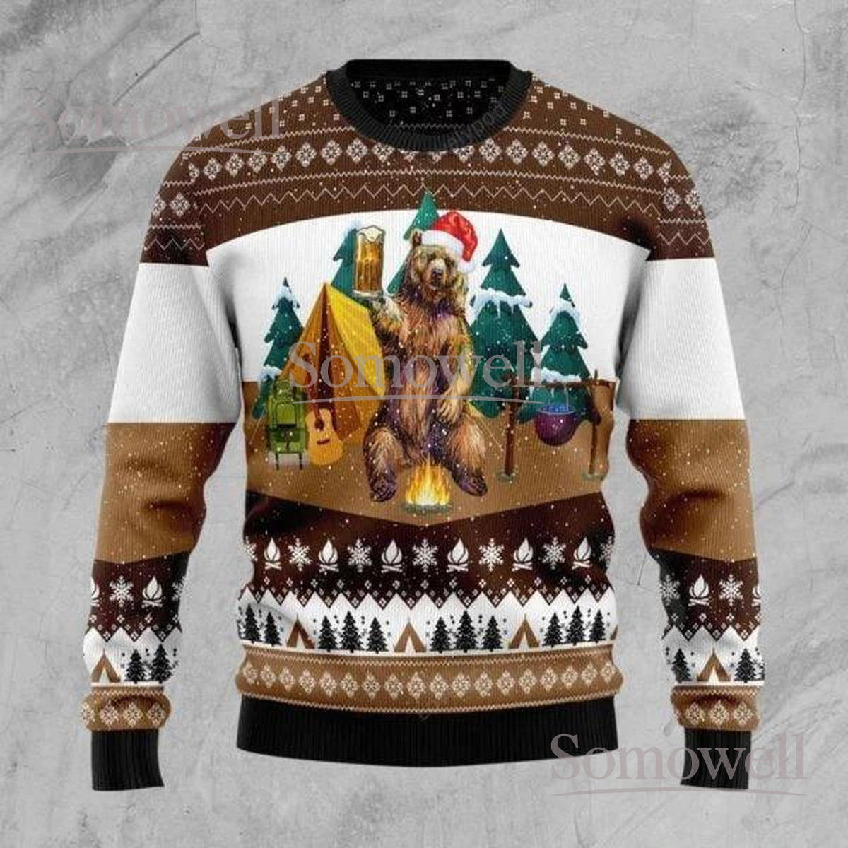 Bear Camping Christmas Brown Ugly Sweater Funny Holiday Knit Jumper Campfire Forest Design