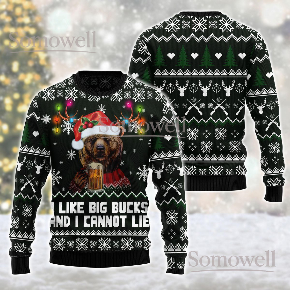 Bear Christmas Black Ugly Sweater I Like Big Bucks And I Cannot Lie Holiday Knit Jumper Funny Gift