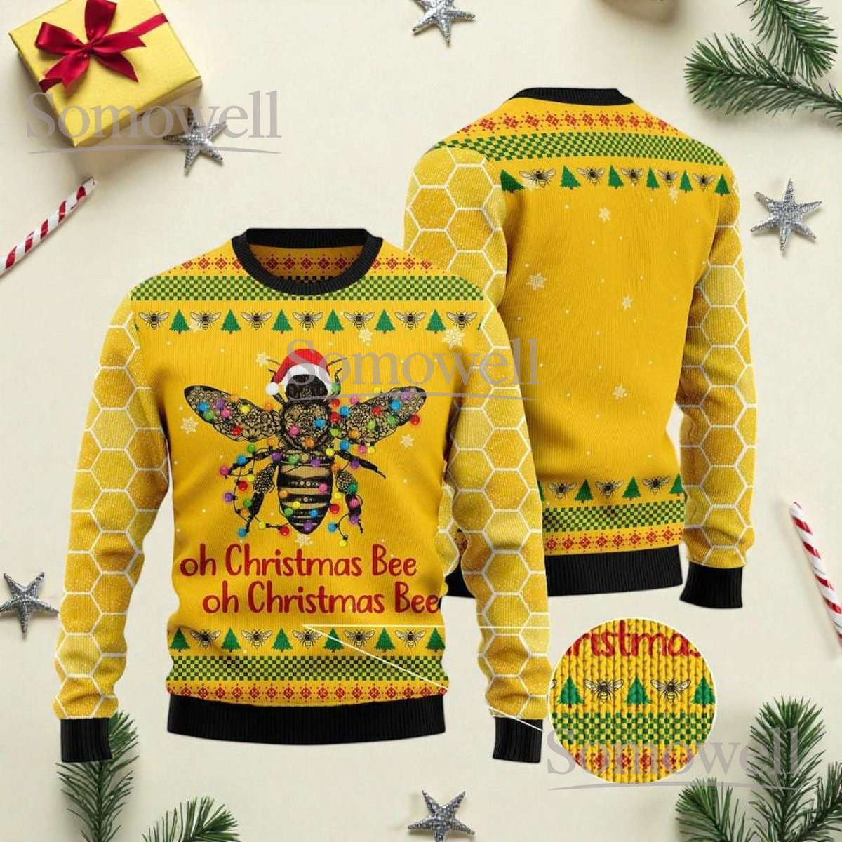 Oh Christmas Bee Ugly Christmas Sweater Yellow Honeycomb Holiday Gift
