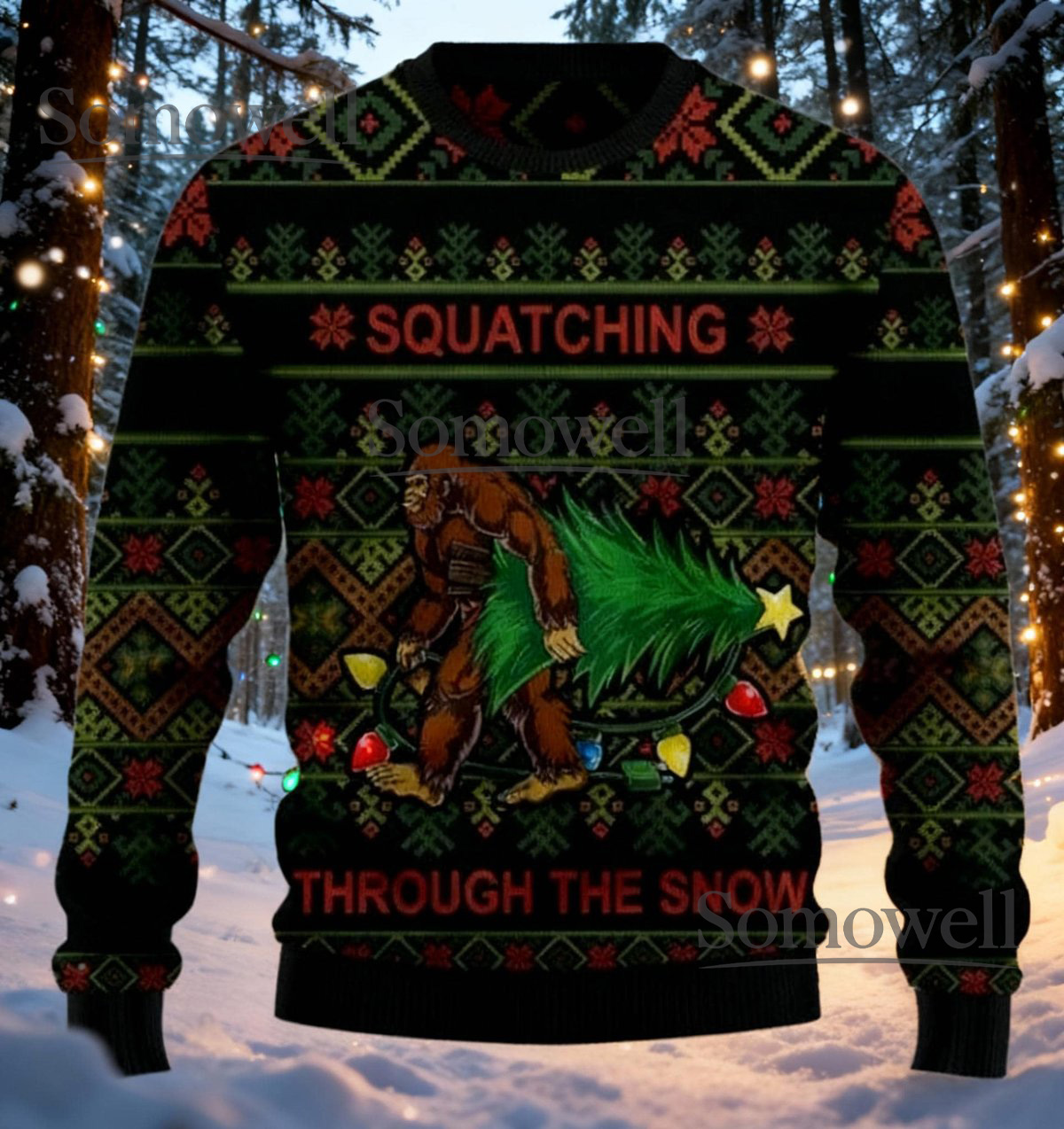 Bigfoot Sasquatch Through the Snow Black Ugly Christmas Sweater Funny Holiday Knit Jumper