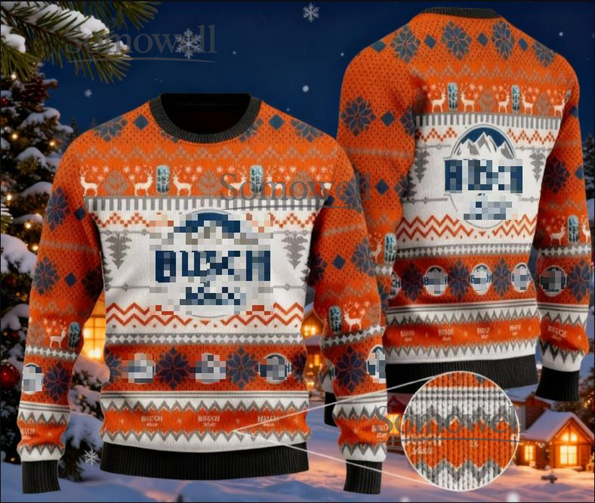 Busch Latte Orange Ugly Christmas Sweater Deer Pattern Holiday Beer Knit Jumper