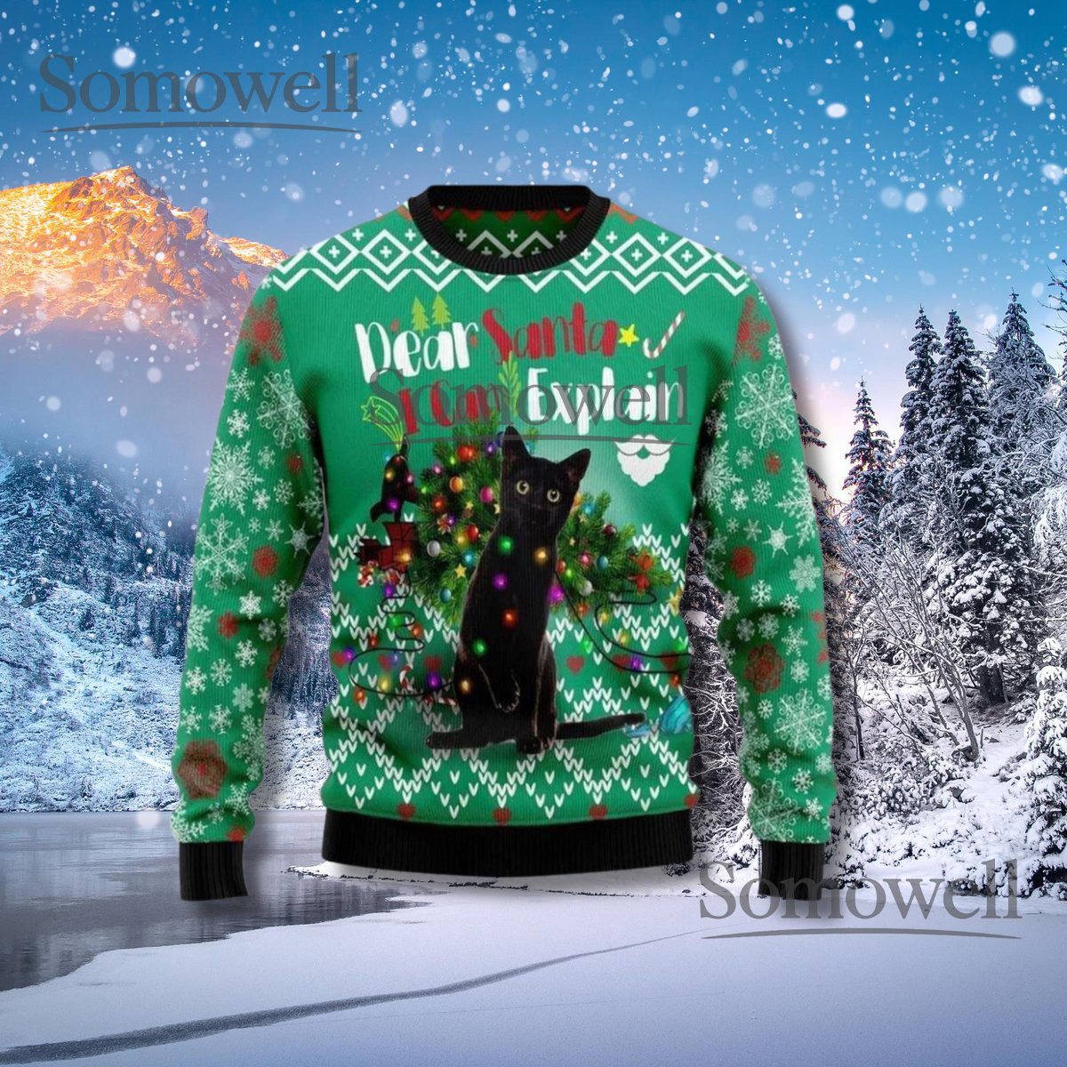 Dear Santa I Can Explain Green Ugly Christmas Sweater Funny Black Cat Lover Holiday Knit Jumper