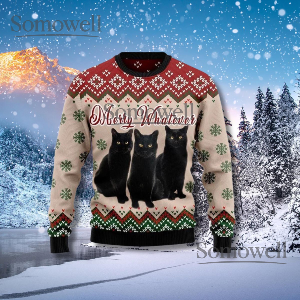 Funny Black Cat Christmas Sweater Merry Whatever Knit Pullover