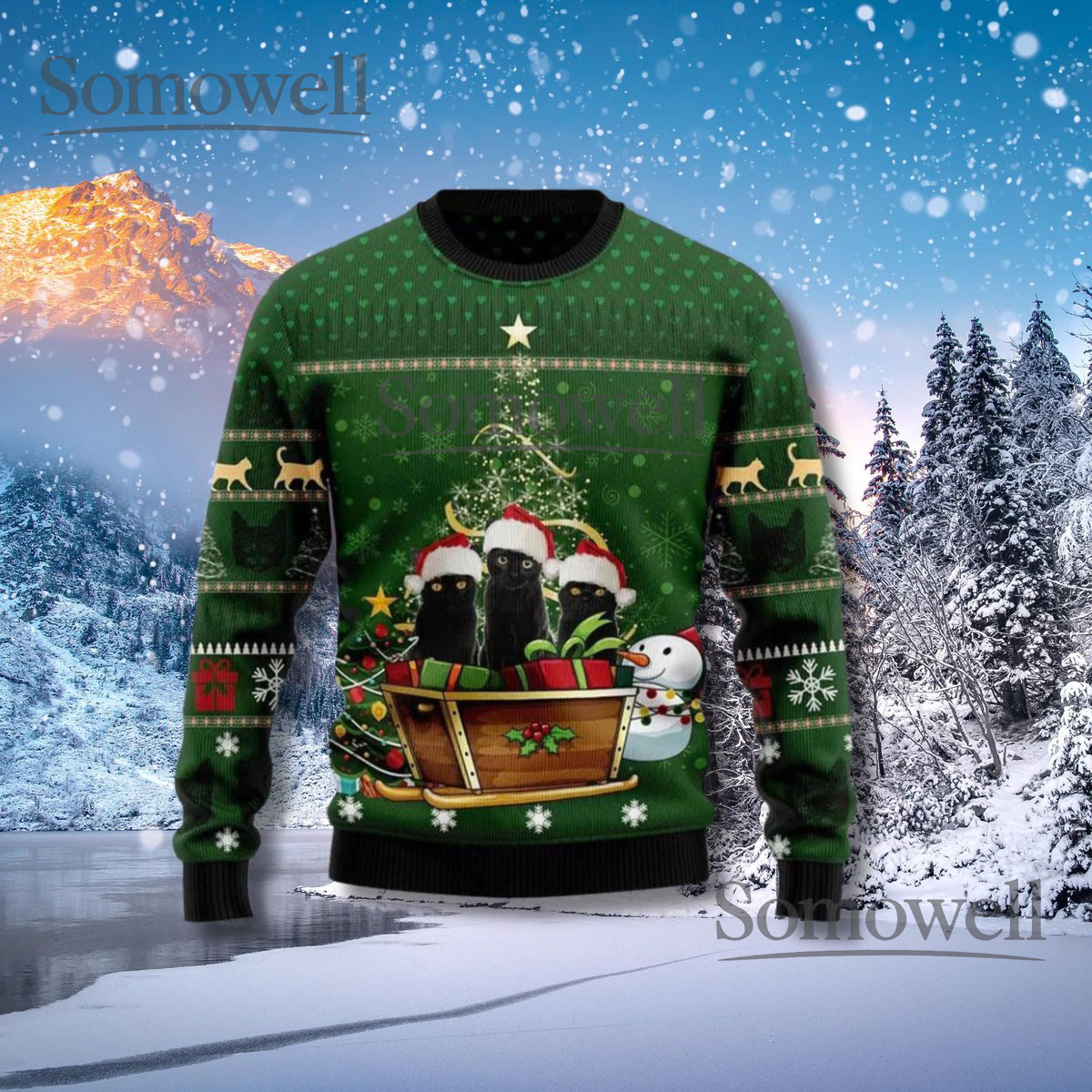 Black Cat Santa Hats Green Ugly Christmas Sweater Cute Cat Lover Holiday Knit Jumper