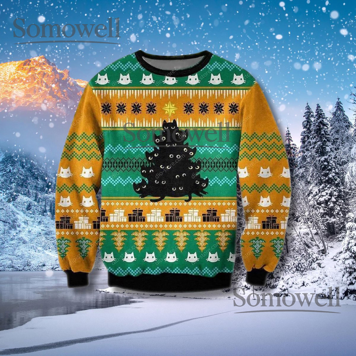 Funny Black Cat Christmas Tree Ugly Sweater Festive Holiday Knit