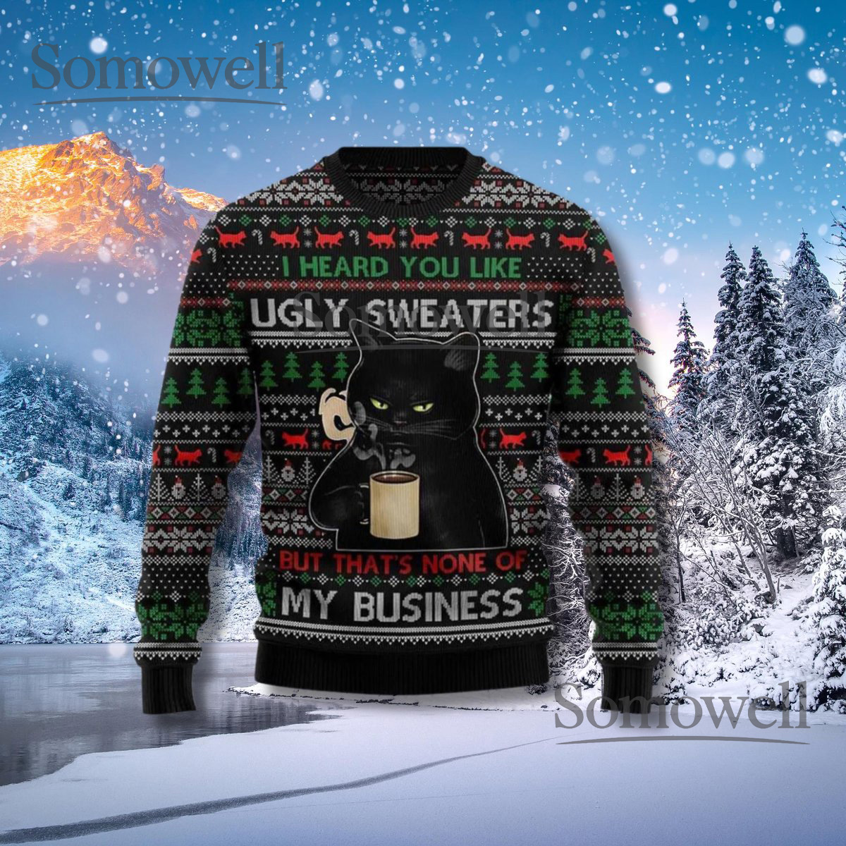 Funny Black Cat Meme Ugly Christmas Sweater Sarcastic Holiday Pullover