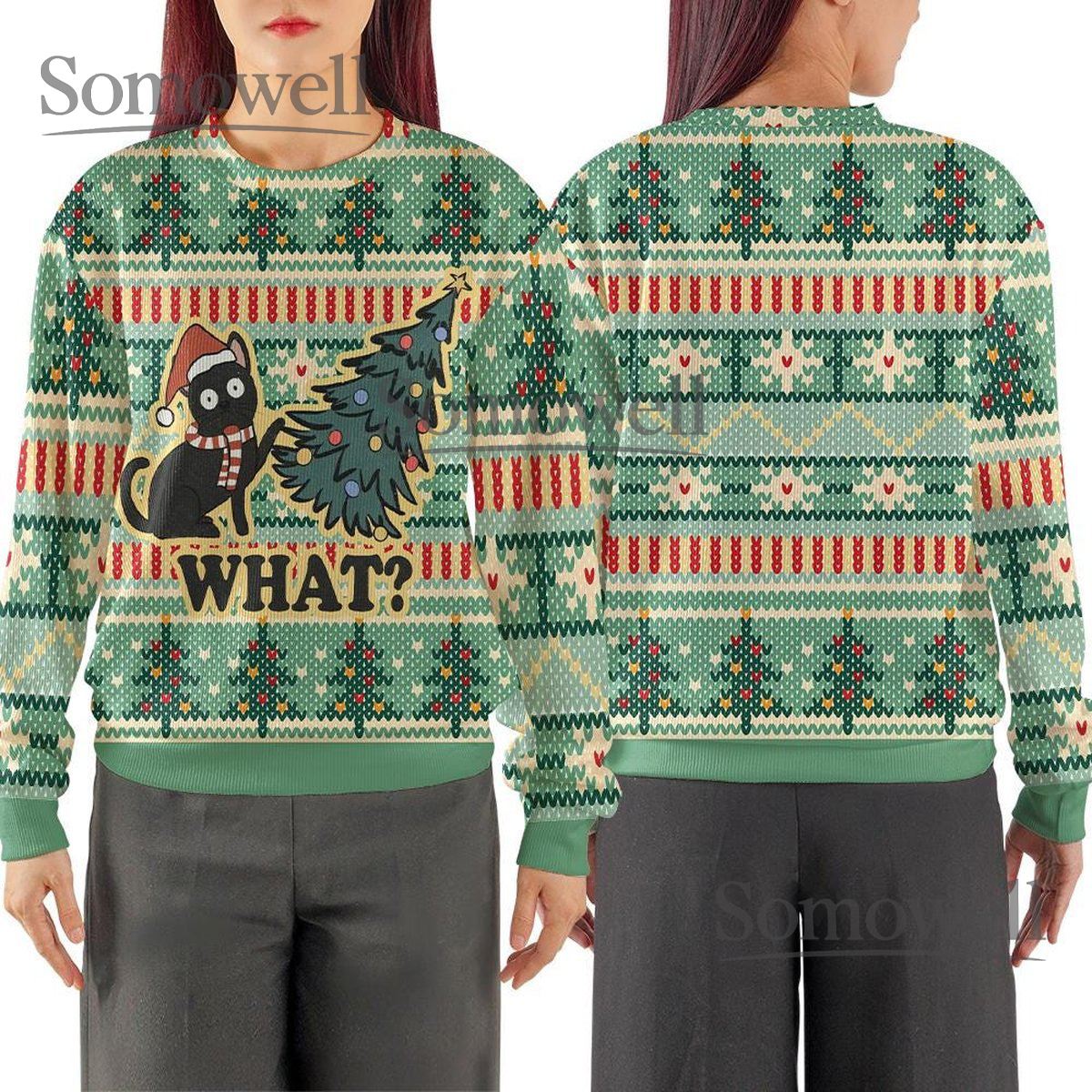 Funny Black Cat Santa Hat Knitted Sweater Christmas Tree Ugly Sweater Cozy Winter Gift