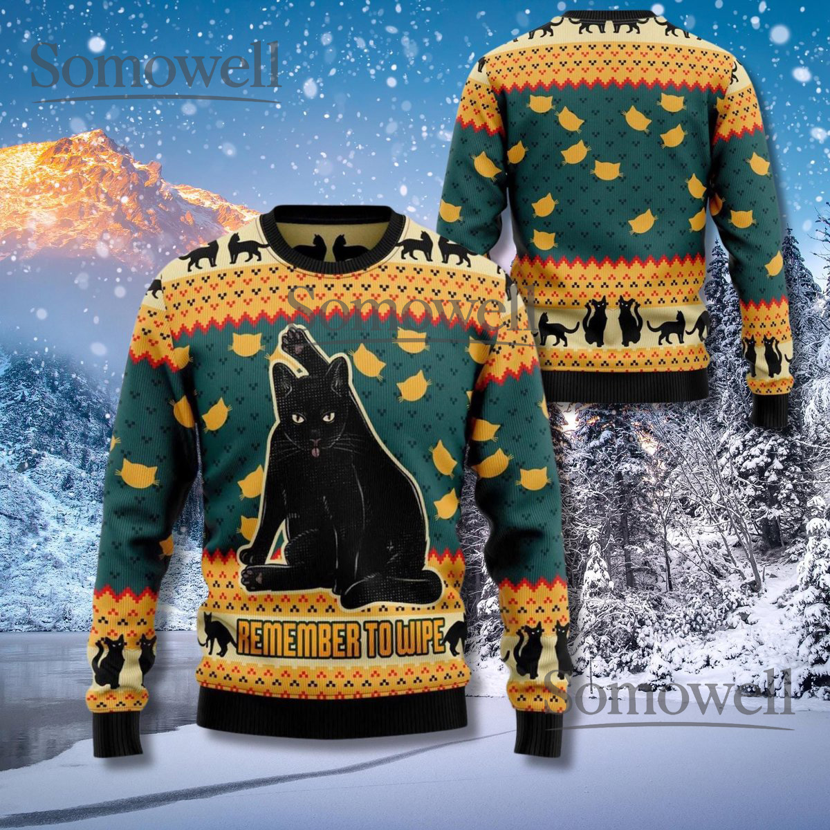 Funny Black Cat Ugly Christmas Sweater Remember to Wipe Holiday Knit