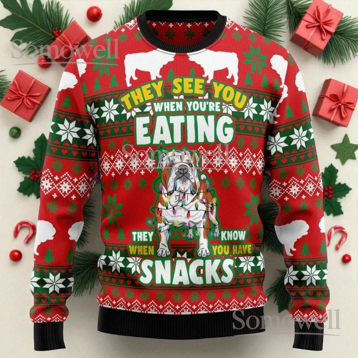 Bulldog Eating Snacks Funny Ugly Christmas Sweater Dog Lovers Holiday Gift