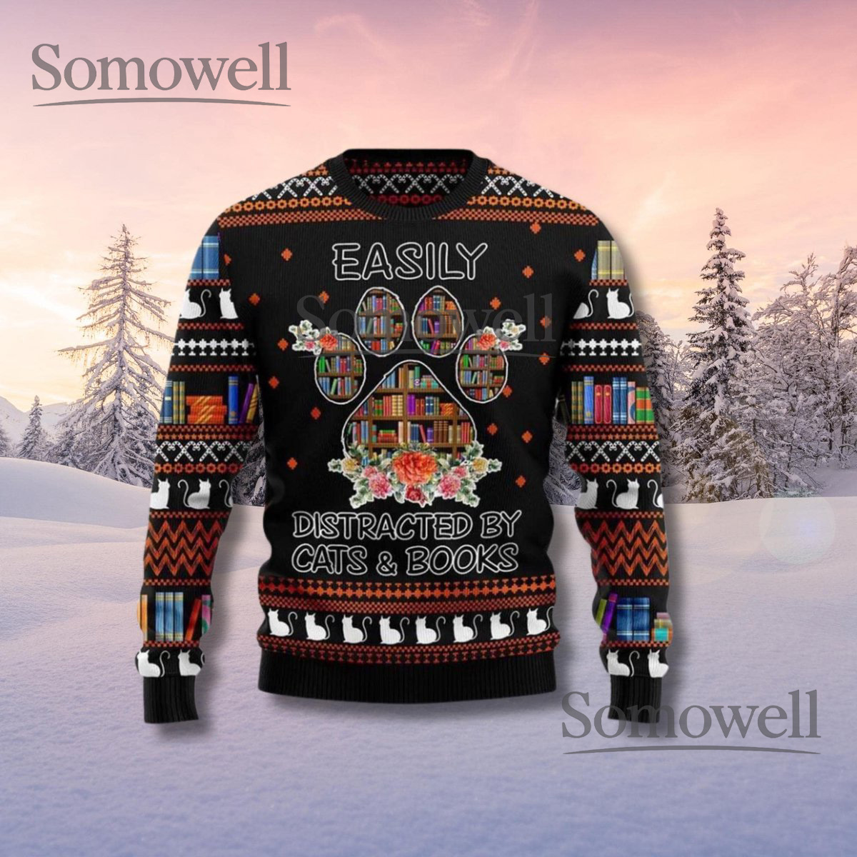 Funny Cat Books Ugly Christmas Sweater Book Lover Gift