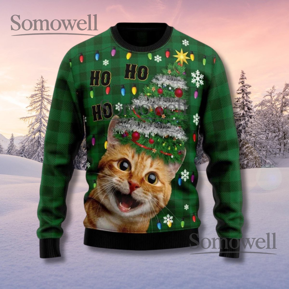 Funny Cat Christmas Sweater Green Checkered Tree Hat Holiday Jumper