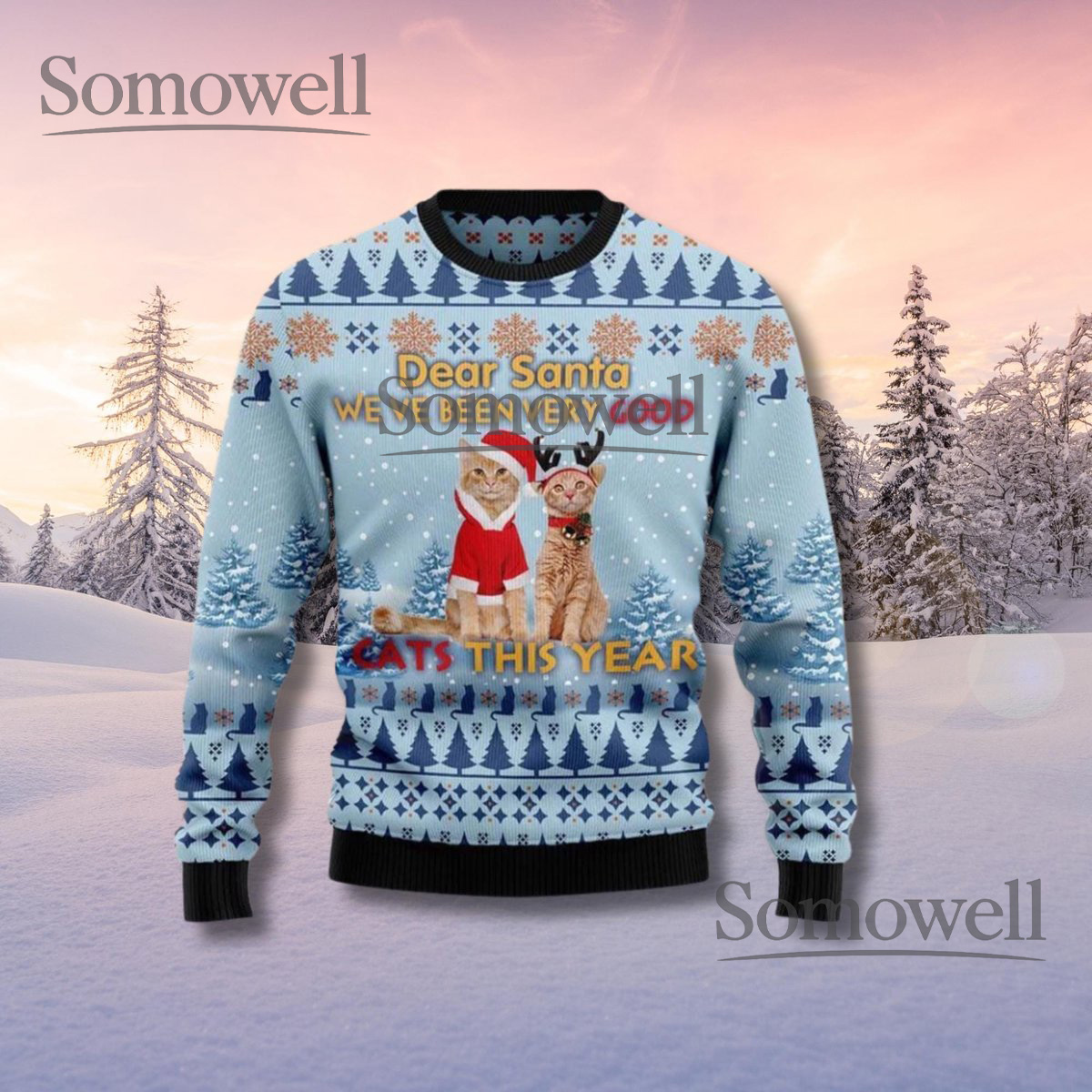 Funny Cat Christmas Sweater Light Blue Holiday Pullover Cute Kitty Winter Gift