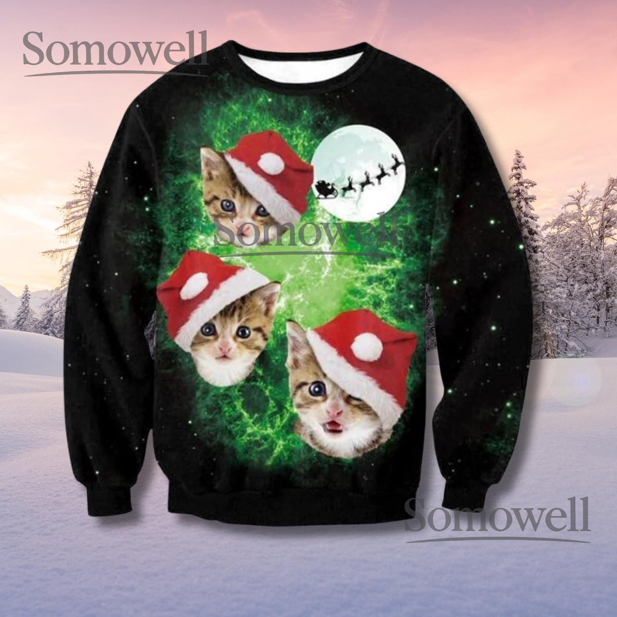 Santa Hat Cats Christmas Sweater Funny Cute Kitten Holiday Sweatshirt