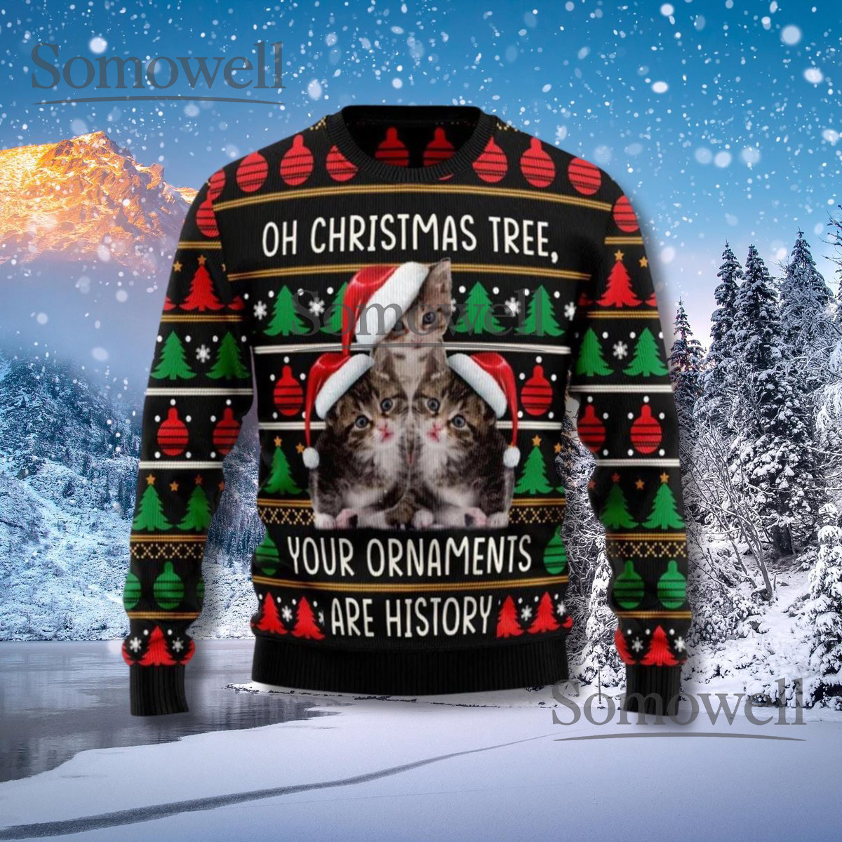 Funny Cat Christmas Sweater Ugly Xmas Knit Oh Christmas Tree Ornaments Are History