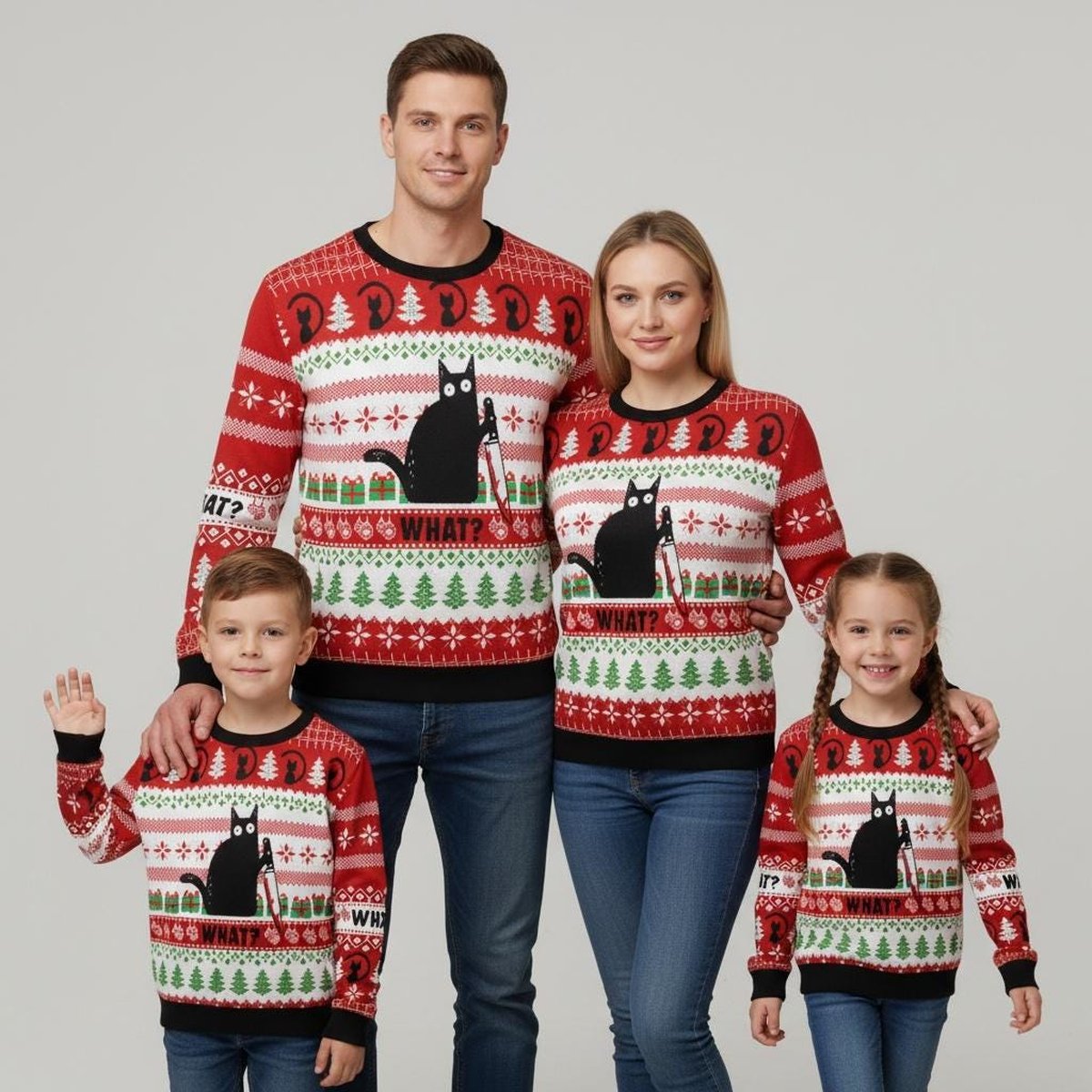 Funny Cat What Meme Red Ugly Christmas Sweater Holiday Knit Gift