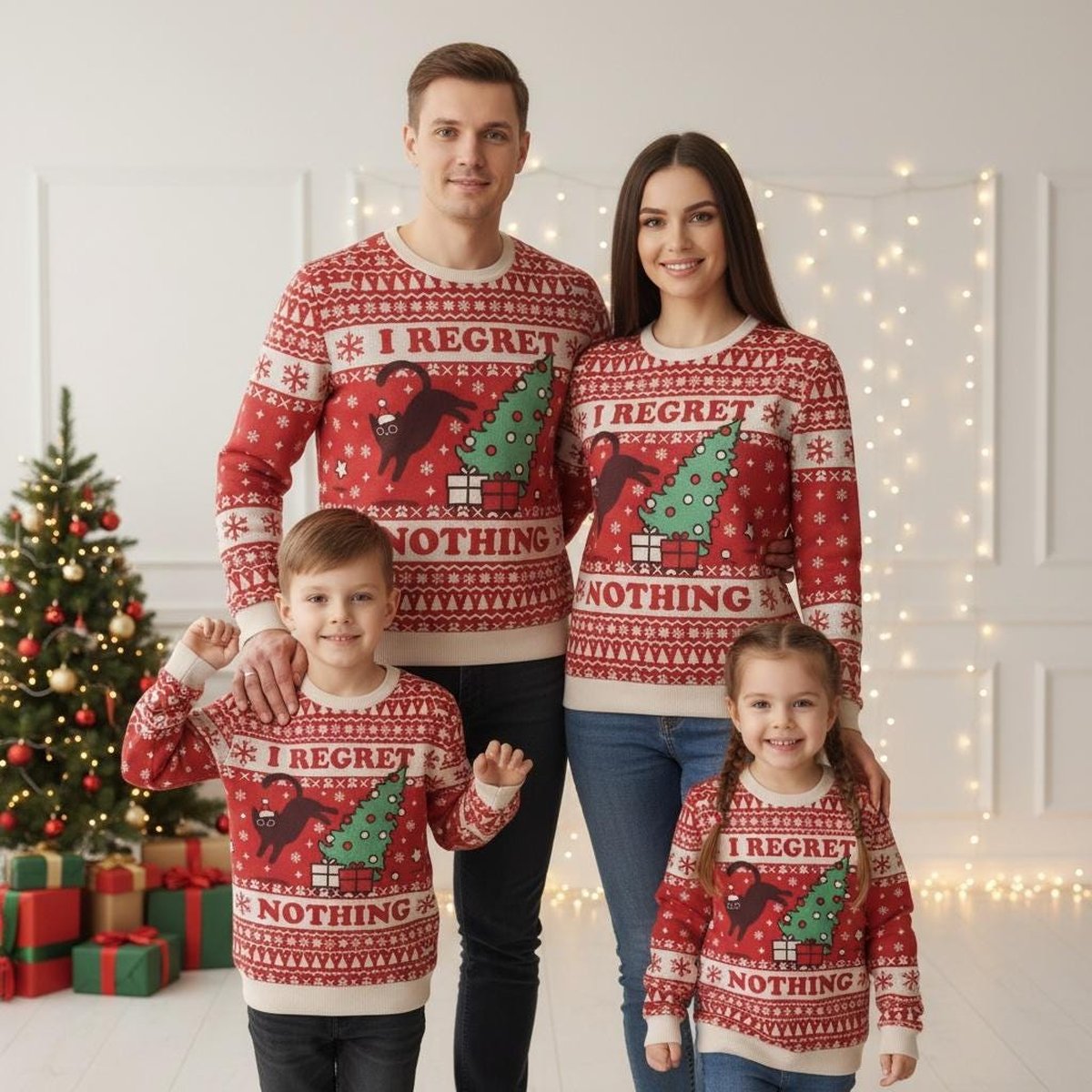 Funny Cat I Regret Nothing Tree Ugly Christmas Sweater Red Beige Jumper