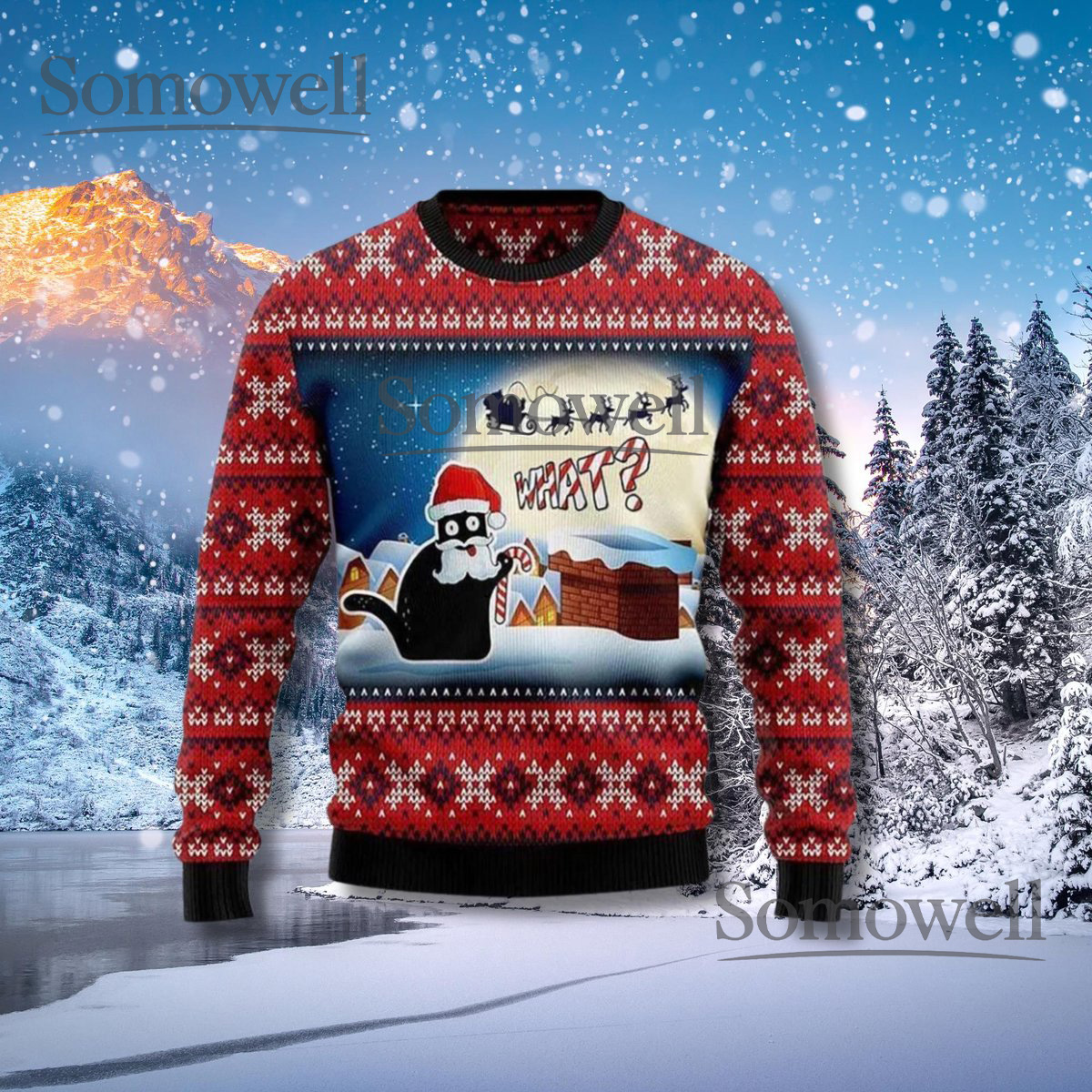 Funny Cat Santa Ugly Christmas Sweater Red Fair Isle Knit Pullover