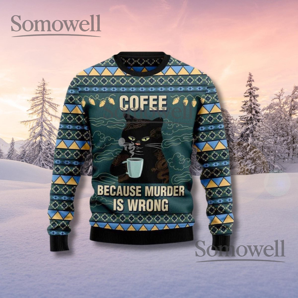 Funny Cat Ugly Christmas Sweater Coffee Lover Holiday Knit