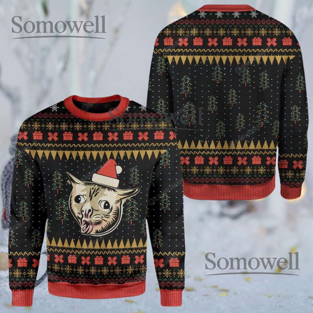 Funny Cat Ugly Christmas Sweater Derpy Kitty Face Santa Hat Holiday Knit Jumper