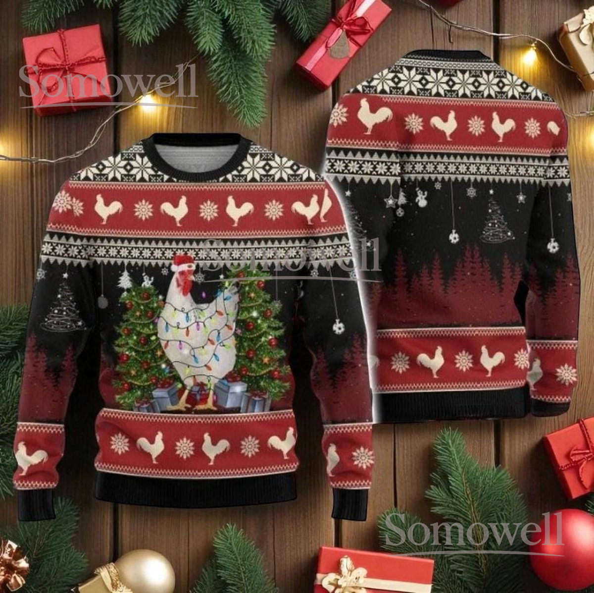 Rooster Pattern Ugly Christmas Sweater Farm Style Funny Holiday Outfit