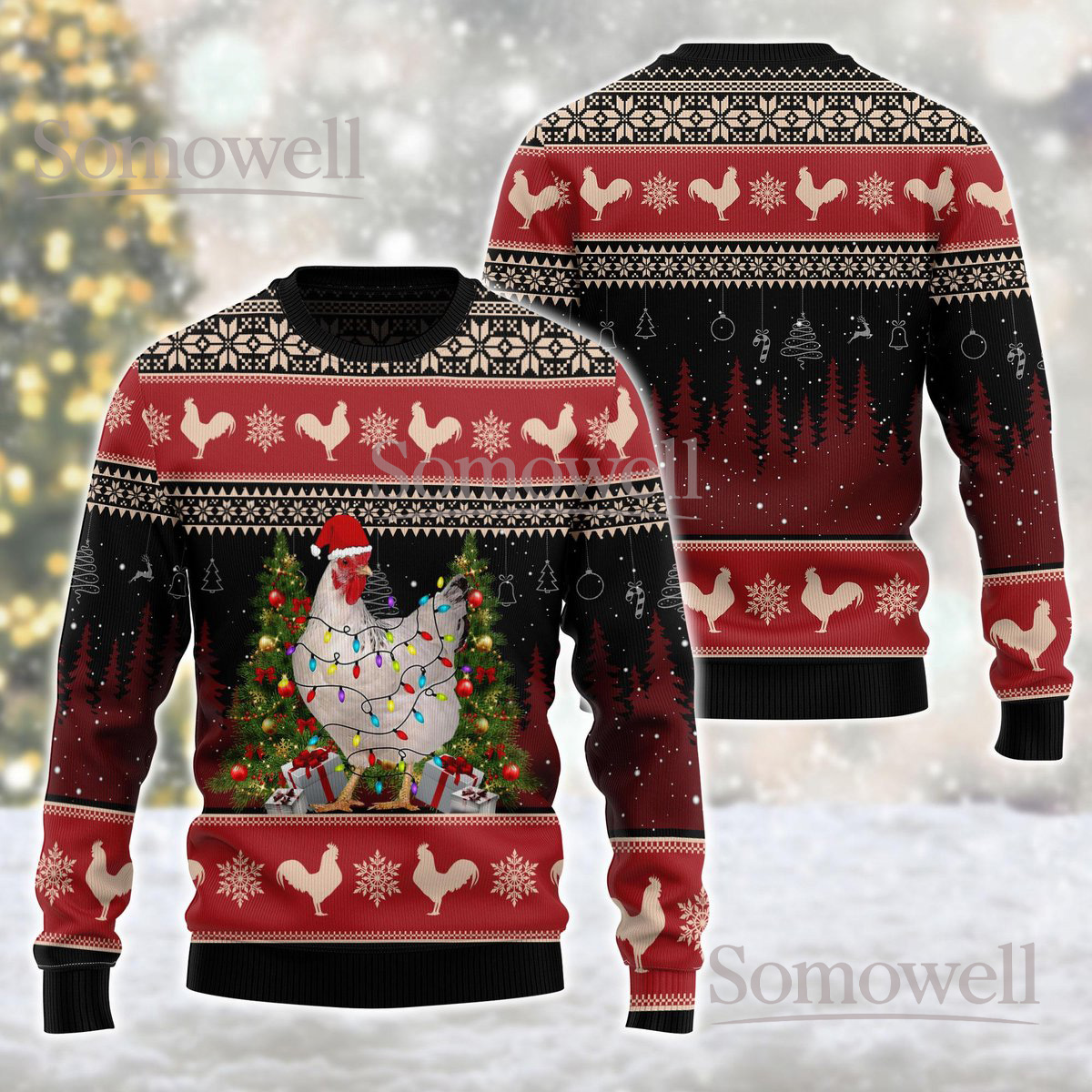 Chicken Red Christmas Ugly Sweater Hen Lights Holiday Knit Jumper Funny Farm Animal Design