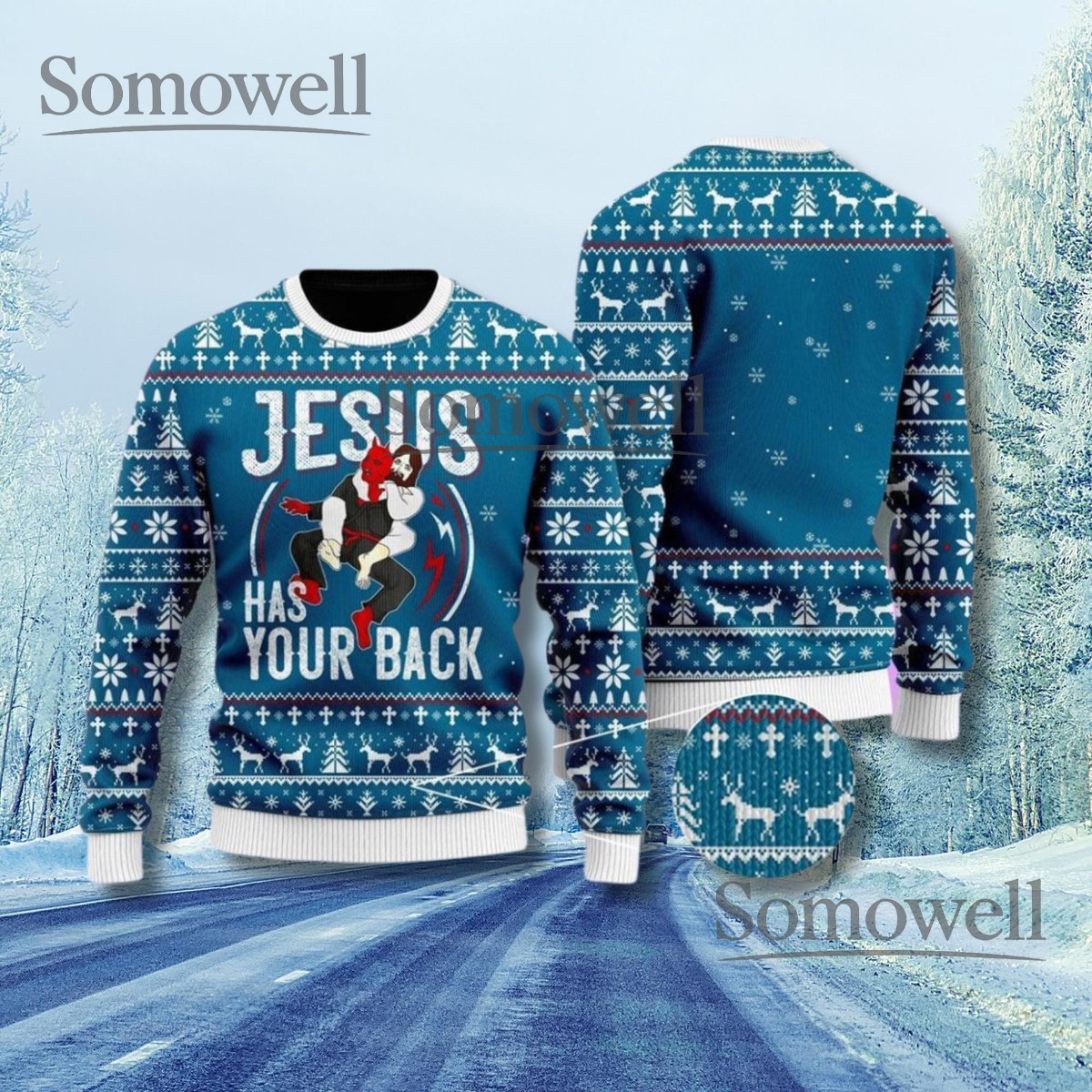Funny Christian Ugly Christmas Sweater Jesus Has Your Back Holiday Pullover