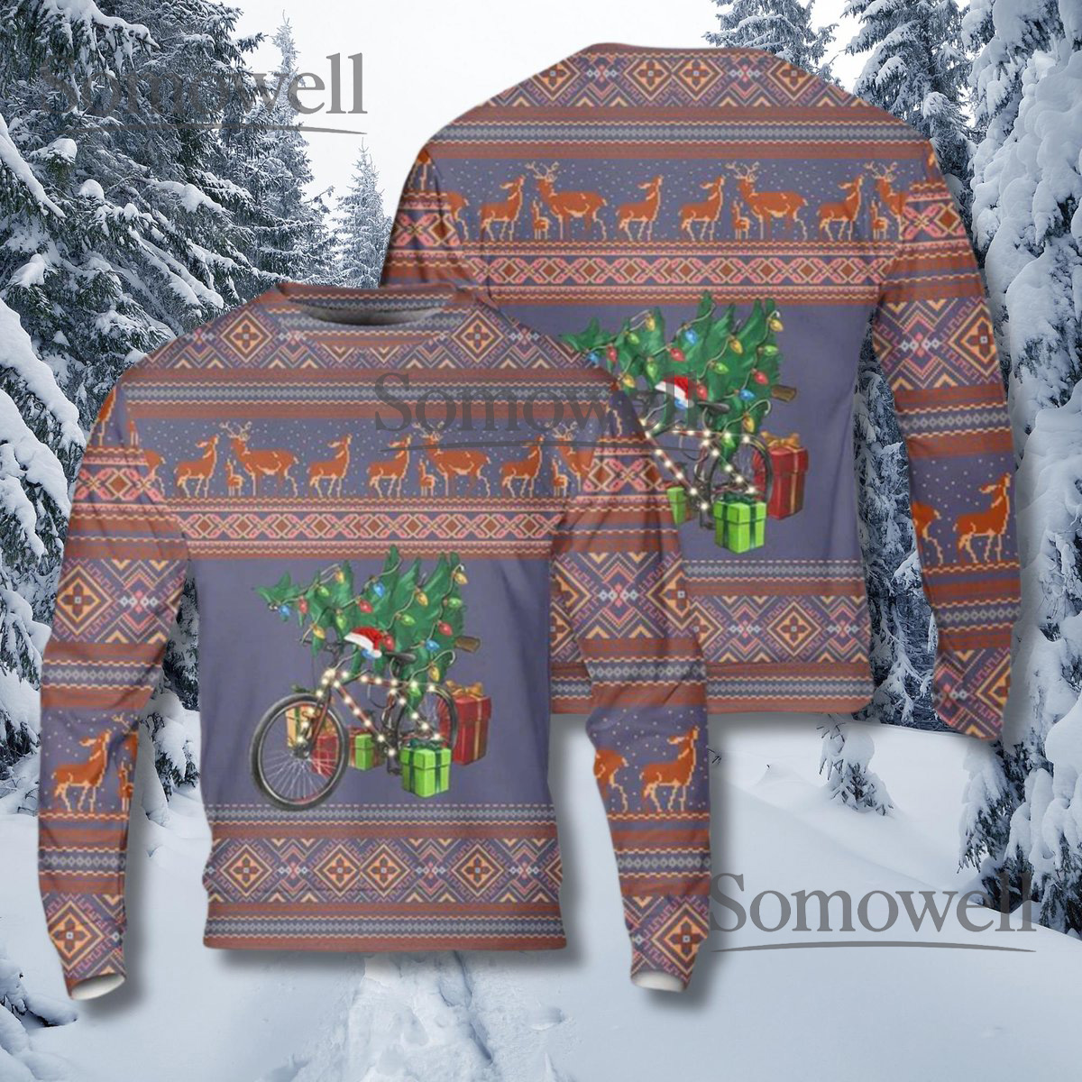 Santa Riding Bicycle Christmas Sweater Festive Holiday Design