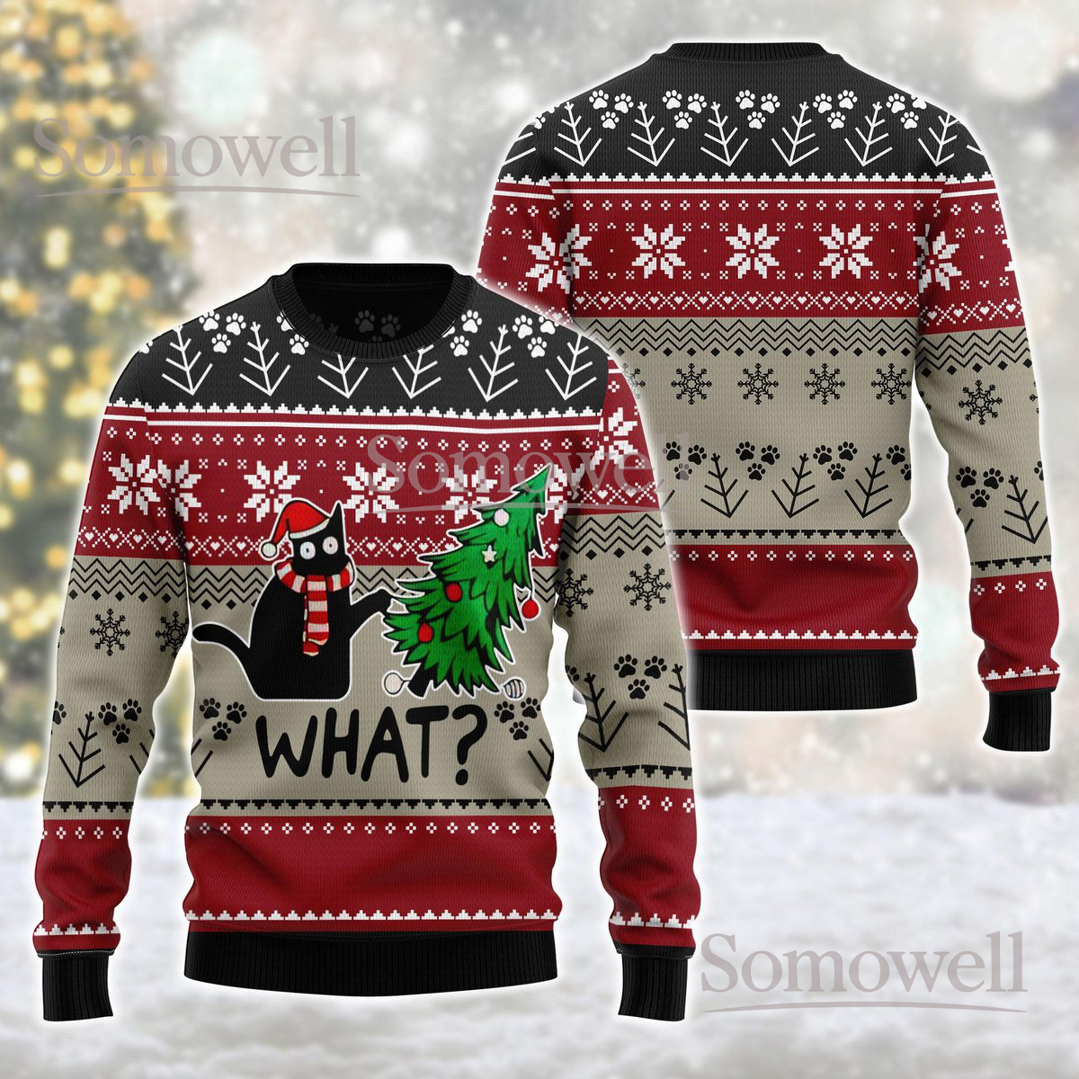 Black Cat Christmas Red Ugly Sweater Funny What Tree Holiday Knit Jumper Pet Lover Design