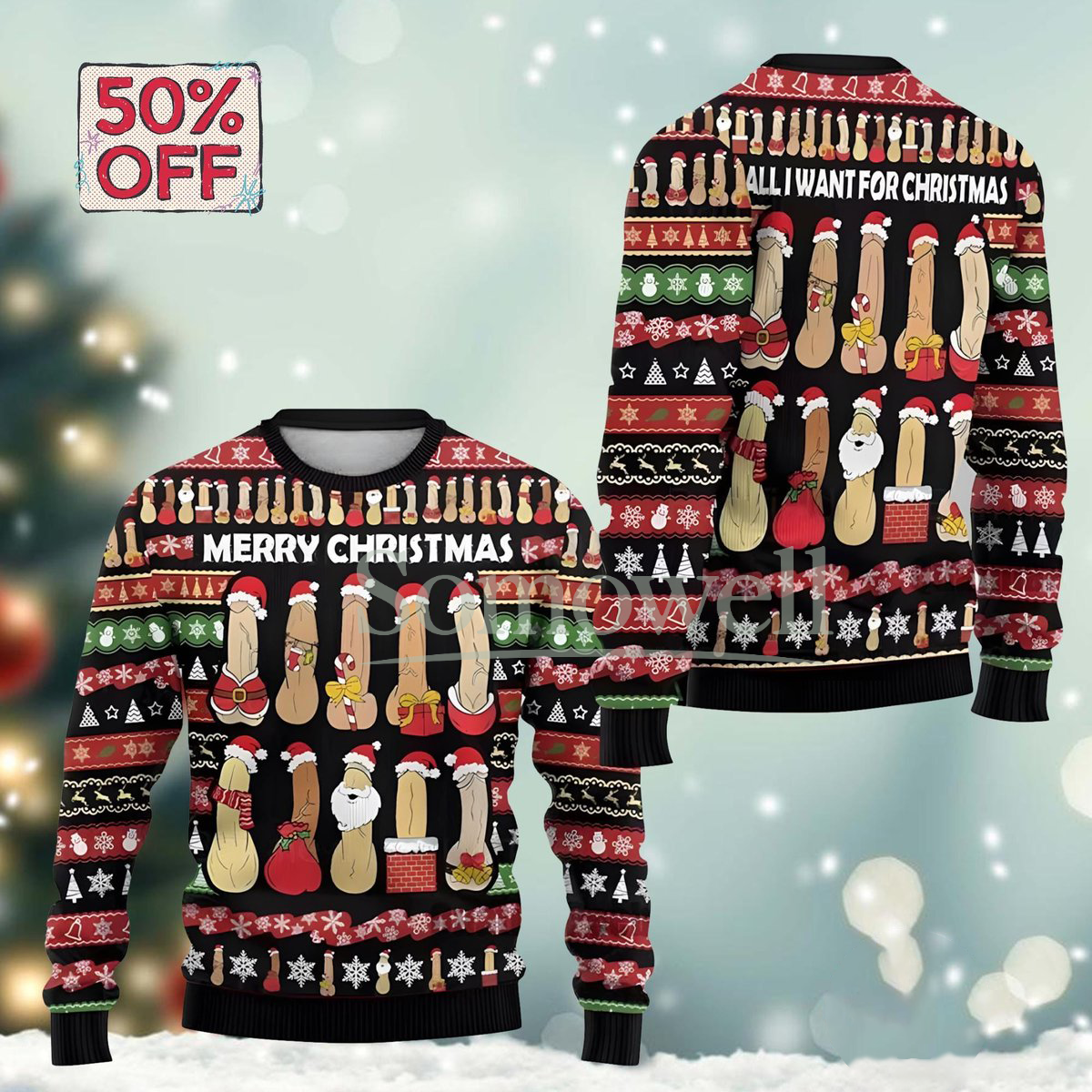 Funny Christmas Cocks Black Ugly Sweater Naughty Santa Adult Humor Holiday Knit Jumper