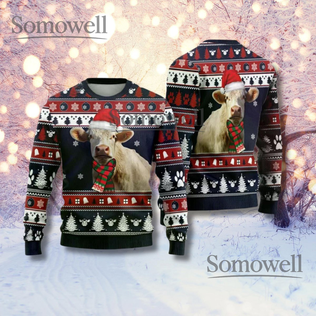 Funny Christmas Cow Ugly Sweater Santa Hat Farm Animal Pullover