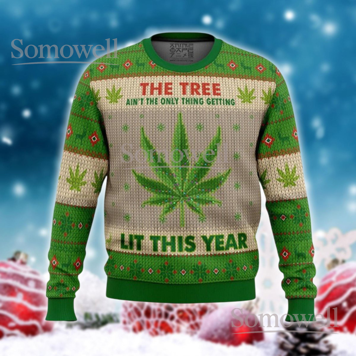 Weed Leaf Lit This Year Ugly Christmas Sweater Funny Stoner Holiday Gift